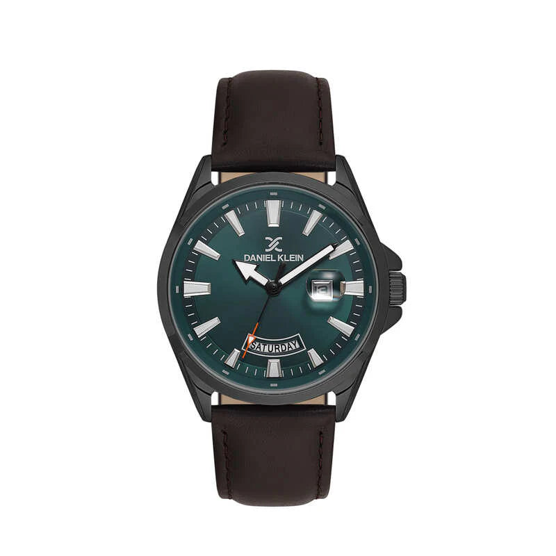 Daniel Klein watch with green dial and brown leather strap on a white background