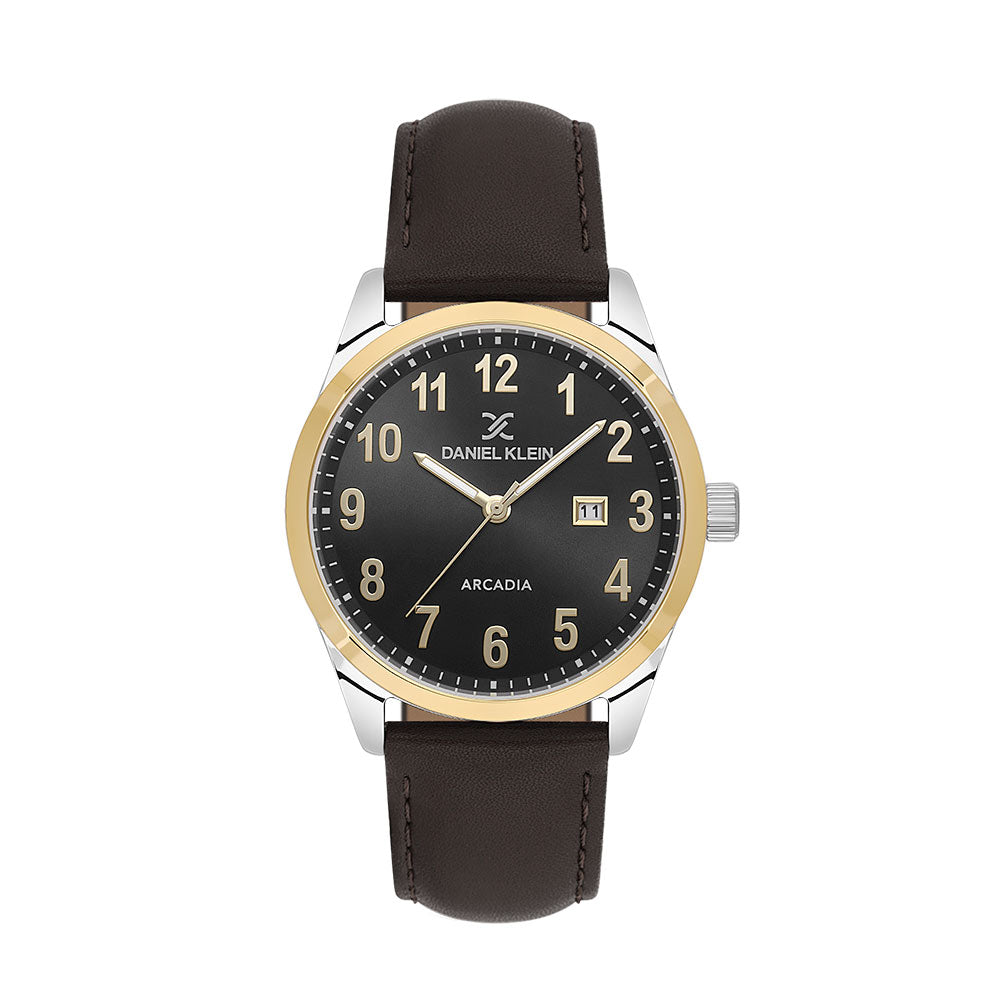 Wristwatch with black leather strap and gold case on a white background