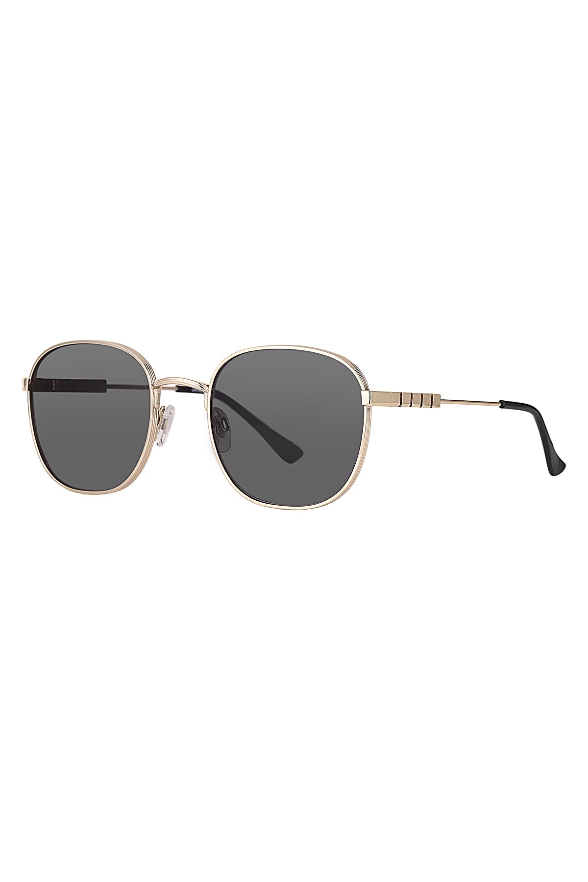 Sunglasses with gold frame and dark lenses on a white background