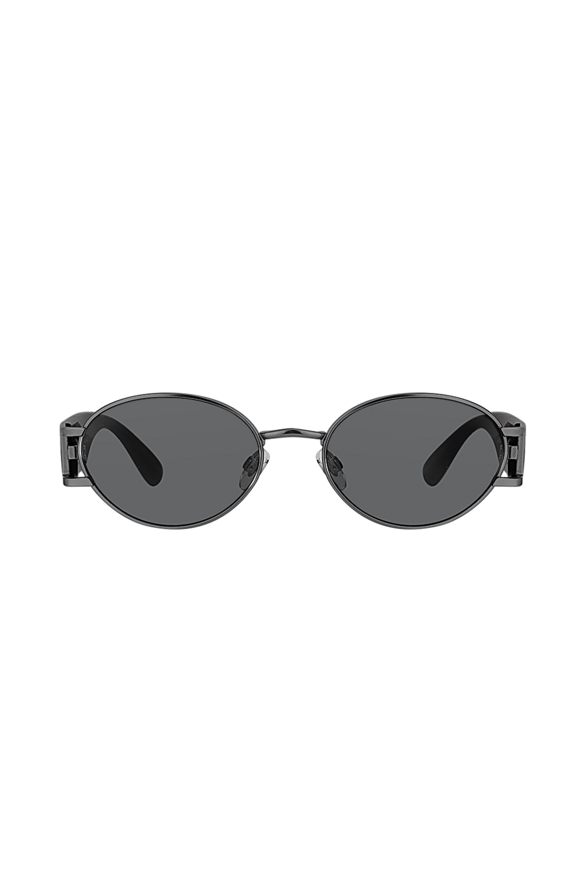 Sunglasses with a black frame and dark lenses on a white background