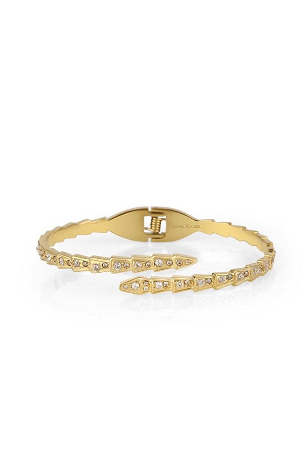 Gold bracelet with clear stones on a white background