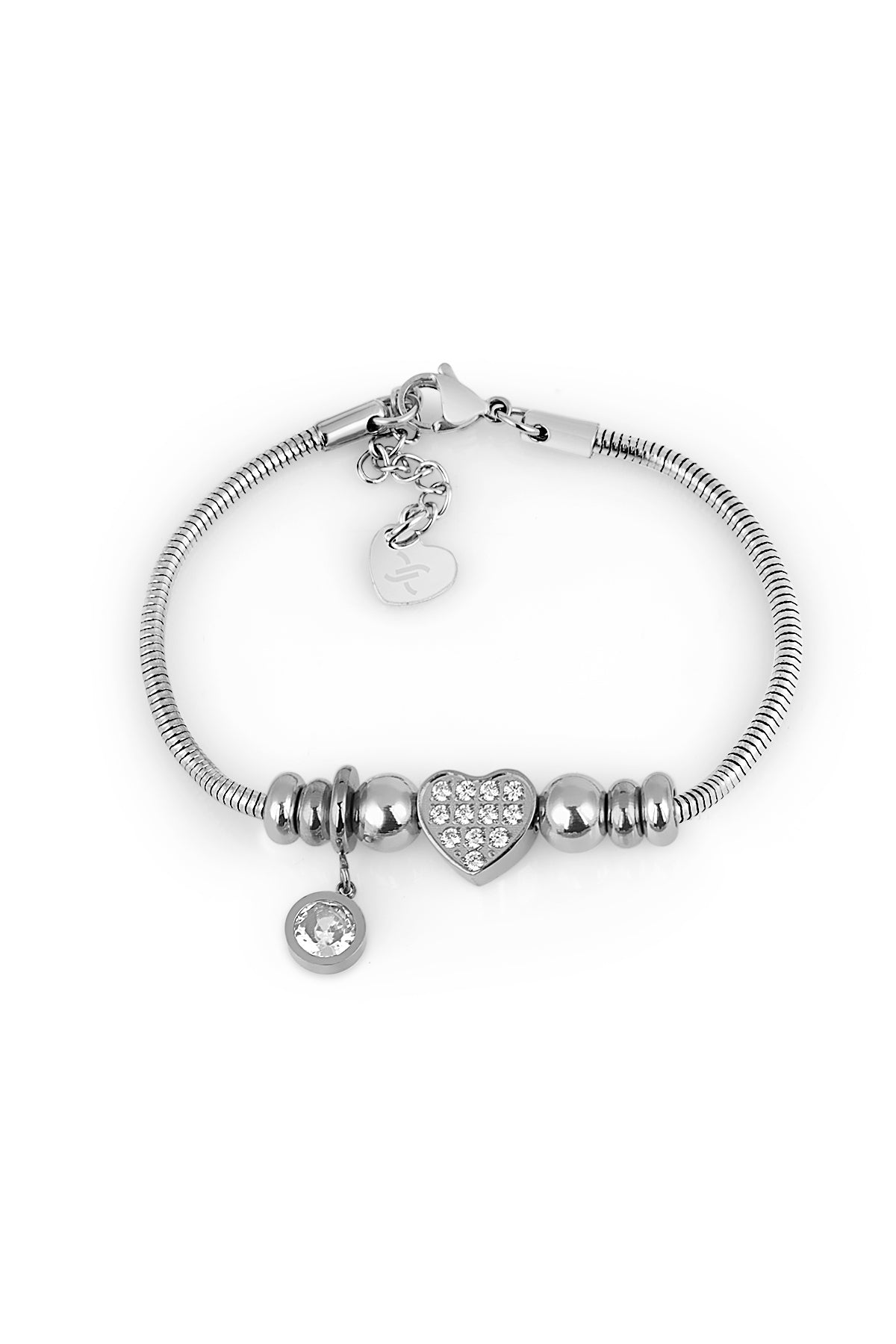 Silver bracelet with heart-shaped charm on a white background