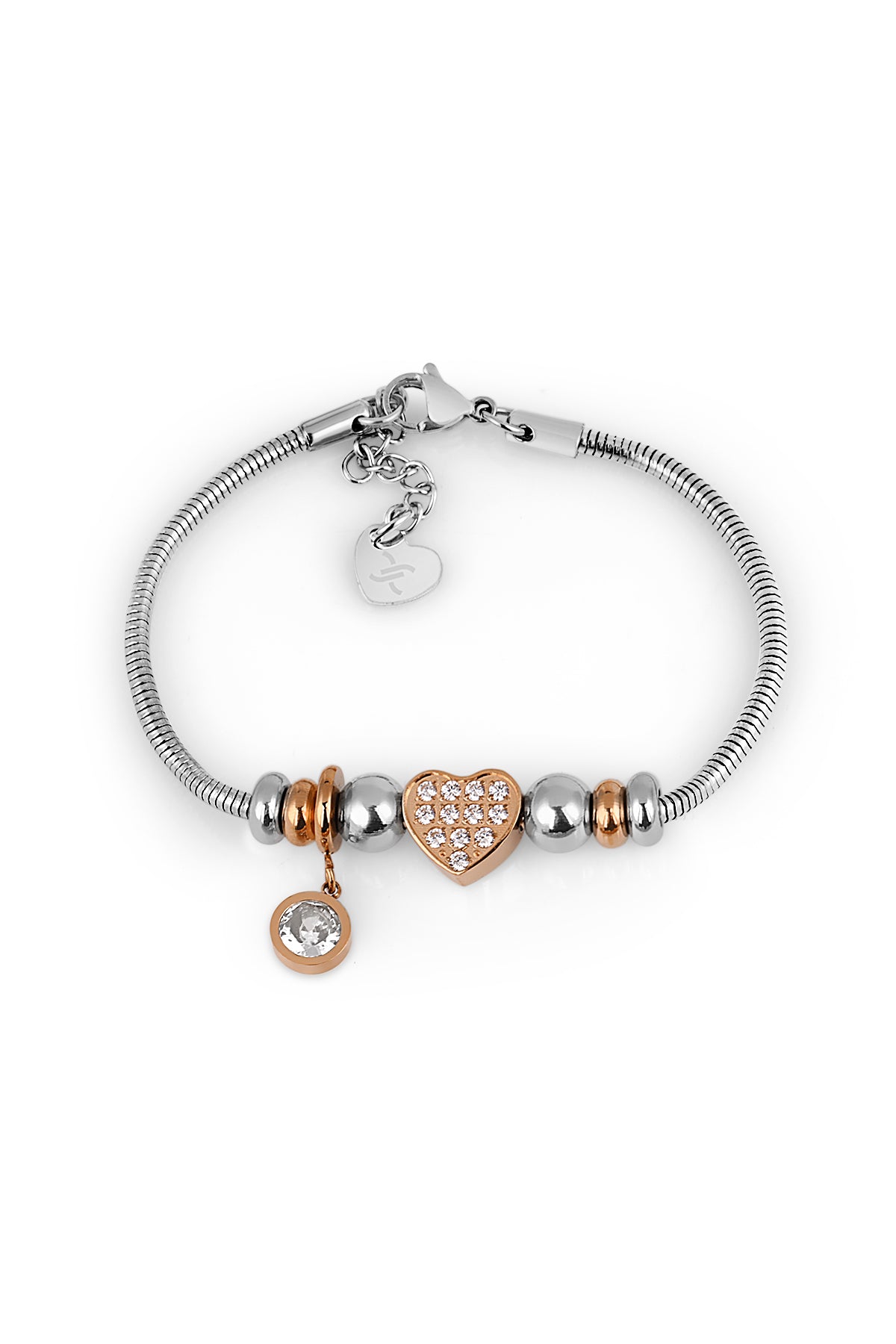 Bracelet with heart charm and other decorative elements on a white background