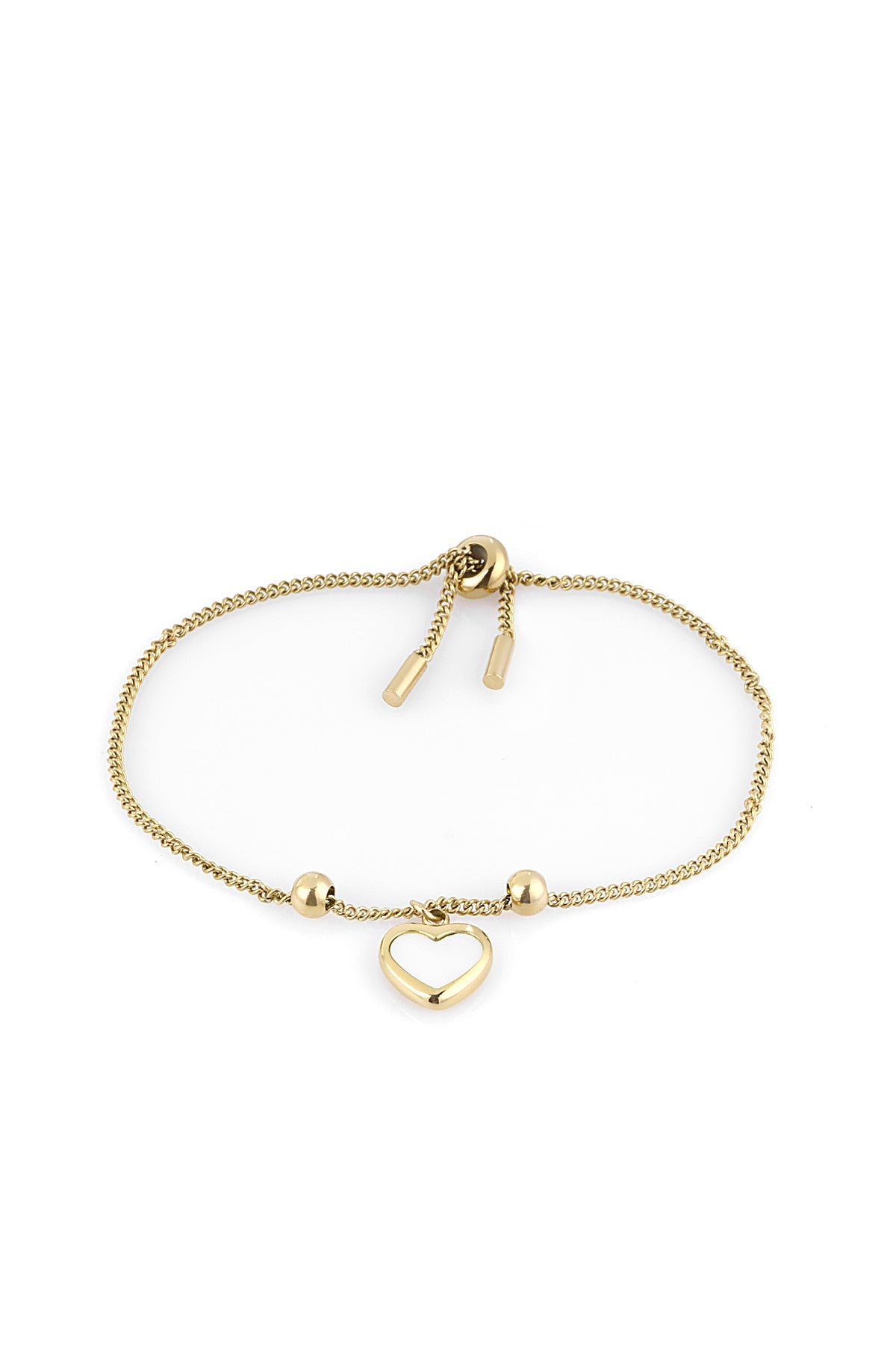 Gold bracelet with a heart charm on a white background