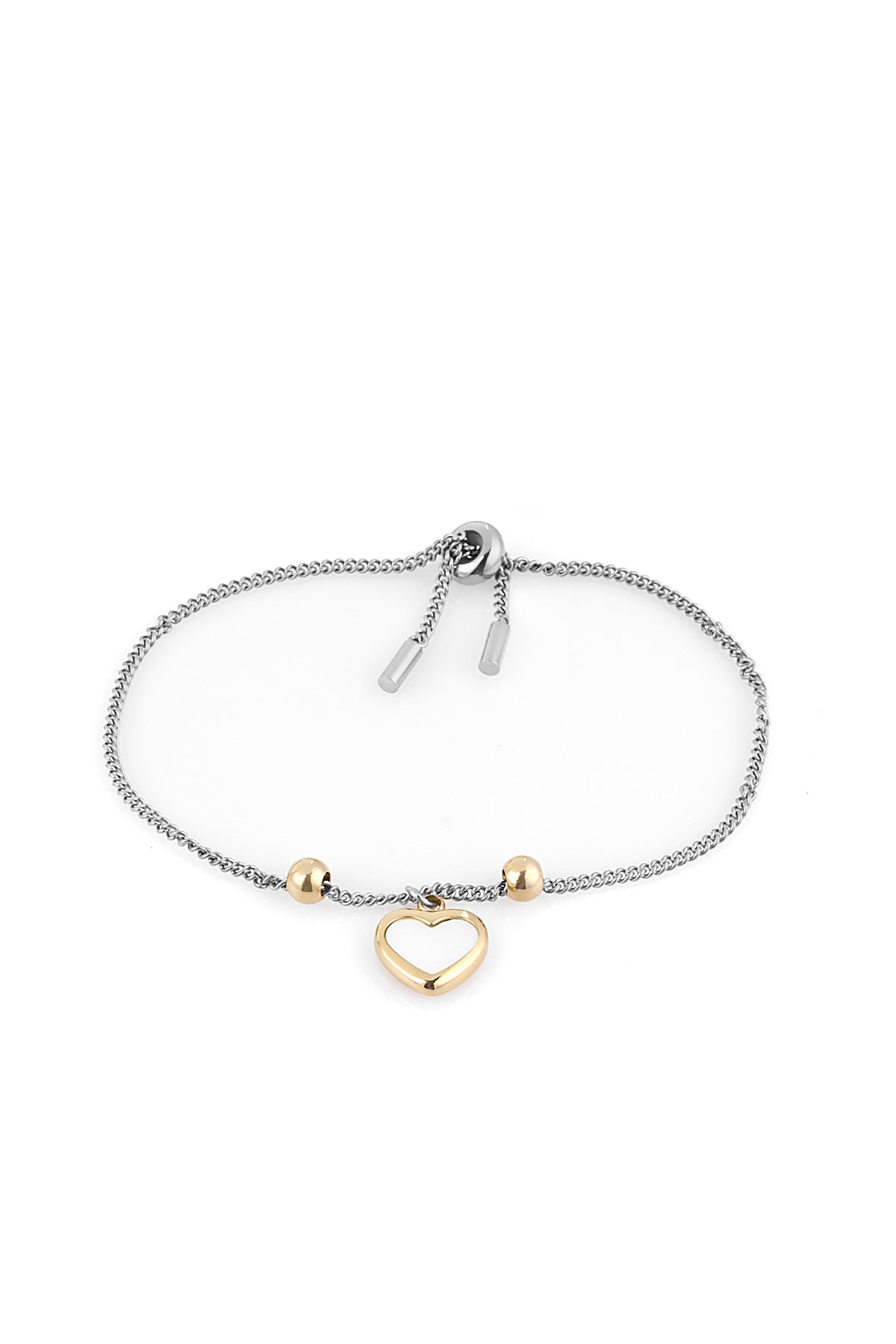 Silver bracelet with gold heart charm on a white background
