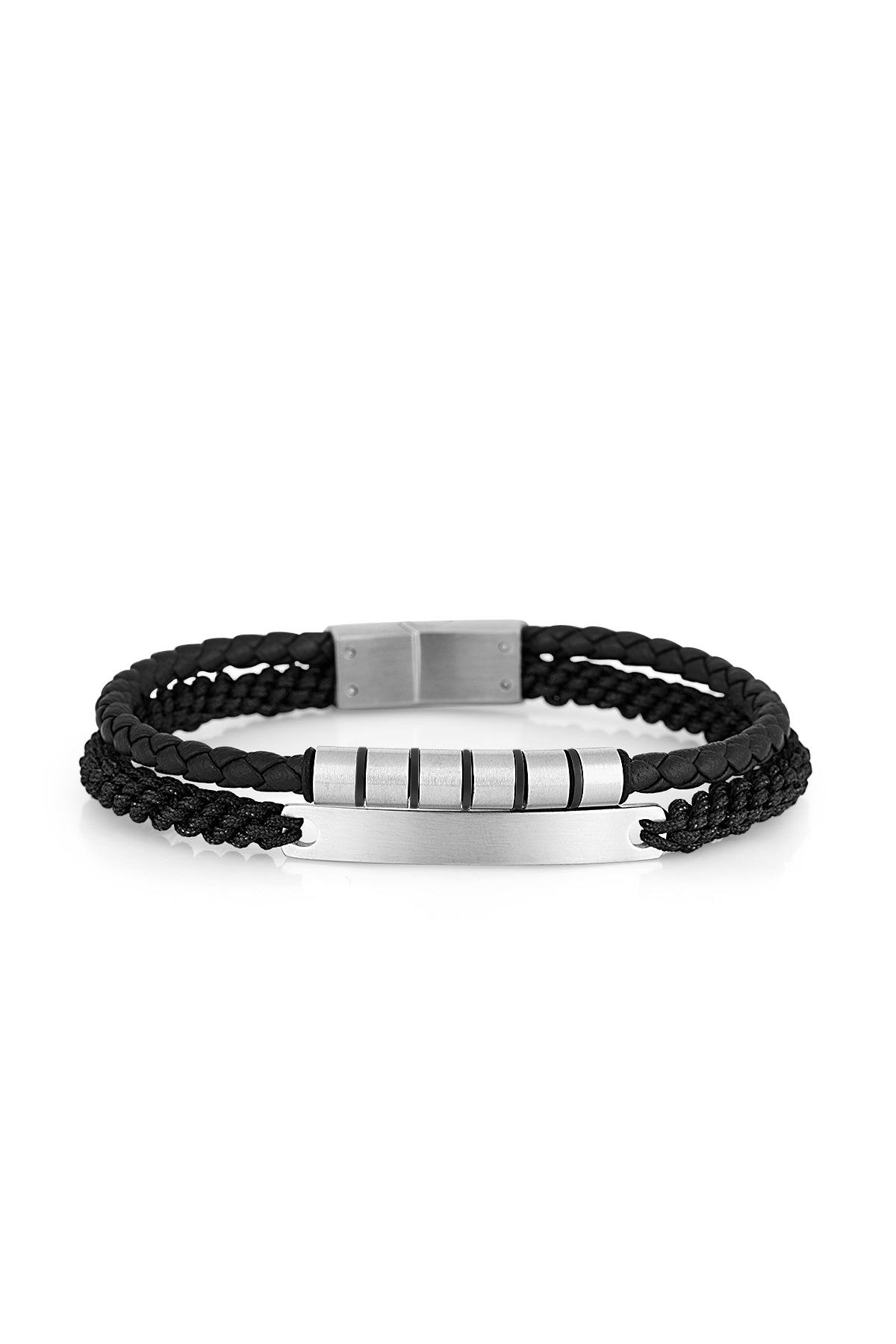 Black braided bracelet with silver id tag on a white background