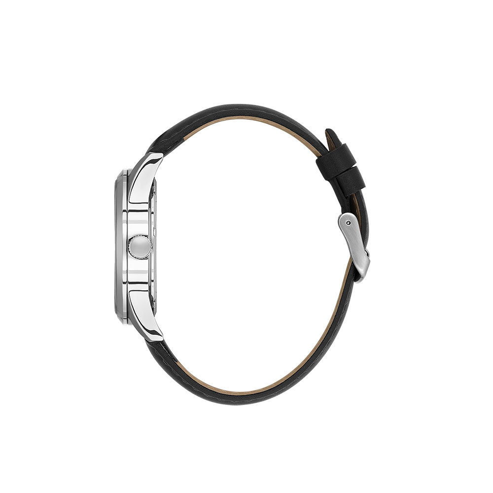 Watch strap with black leather and silver metal clasp on a white background