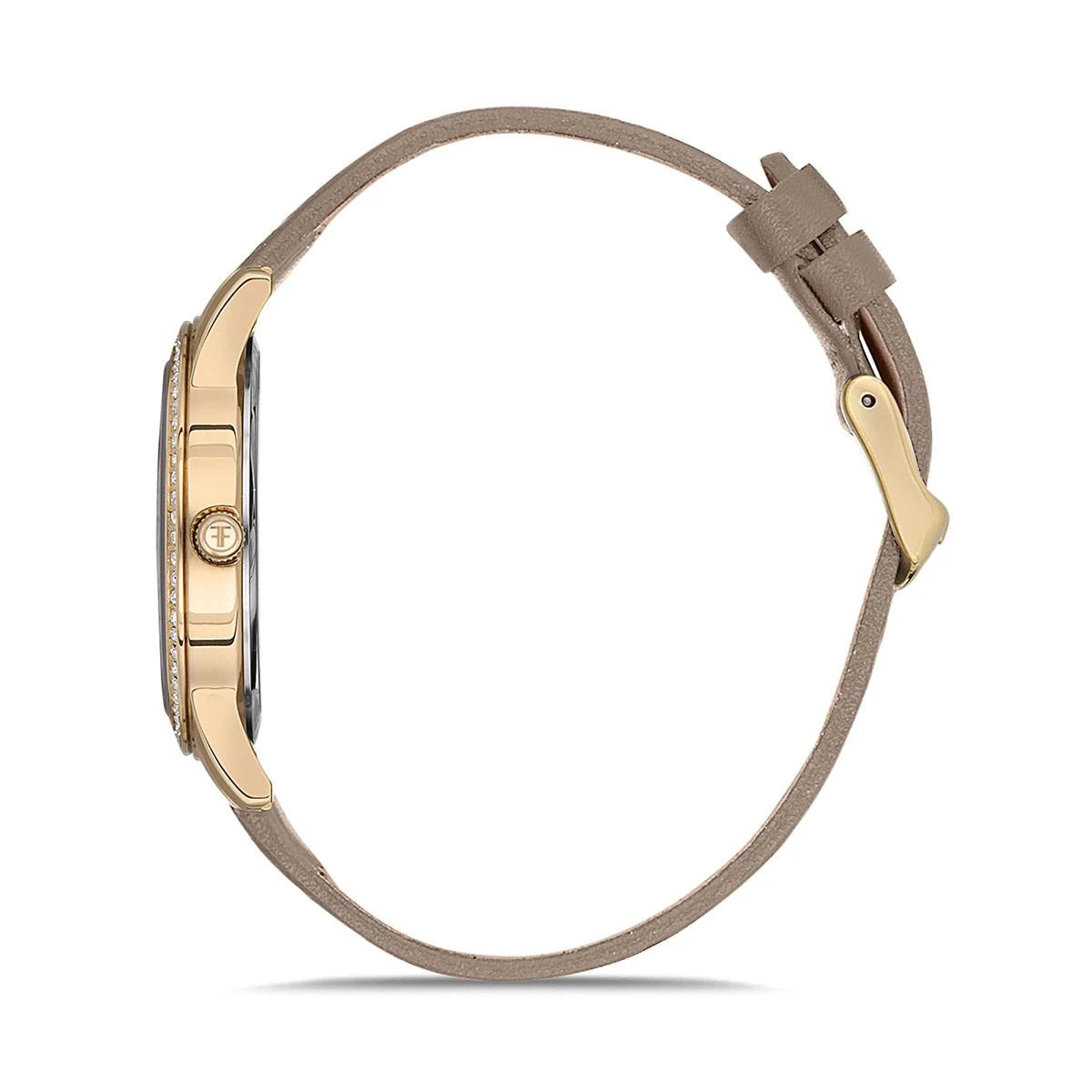 Close-up of a watch with a gold case and beige strap on a white background