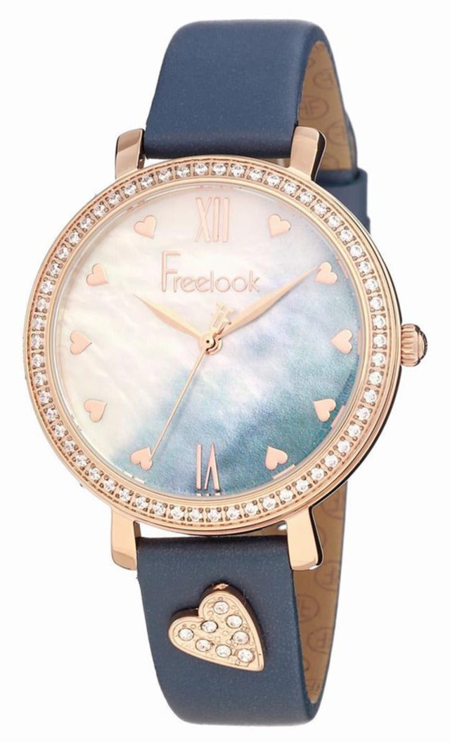 Wristwatch with blue strap and rose gold case on a white background