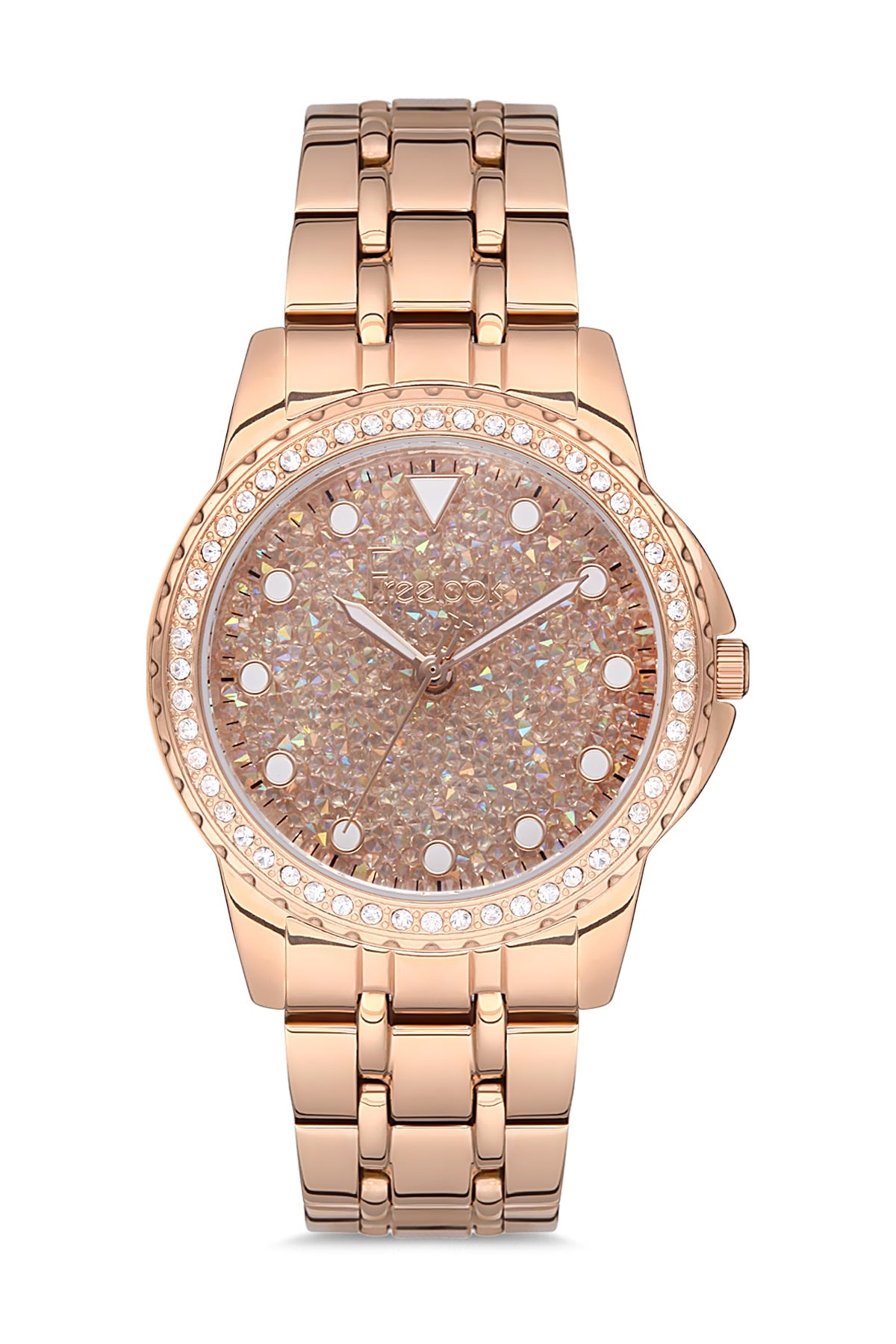 Rose gold watch with a decorative face on a white background