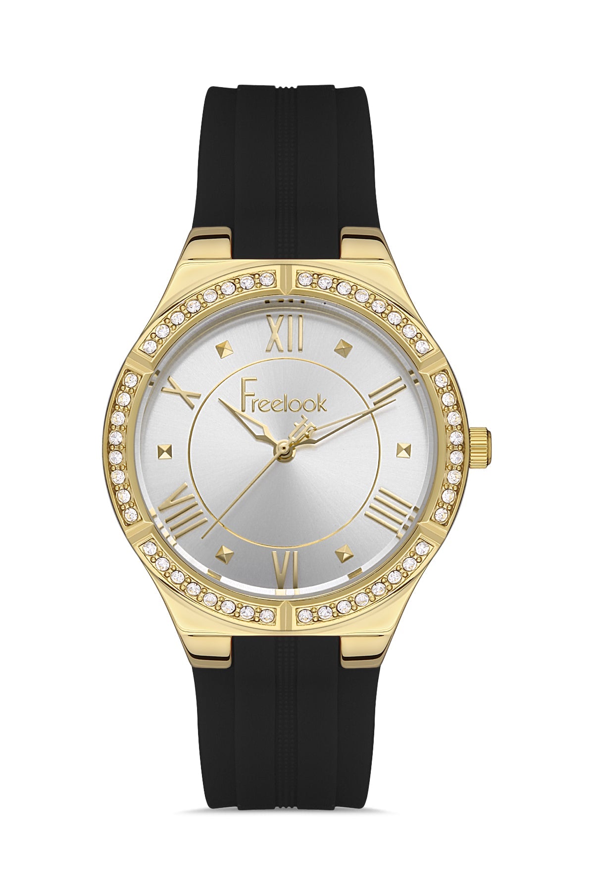 Gold-framed watch with black strap and white face on a white background