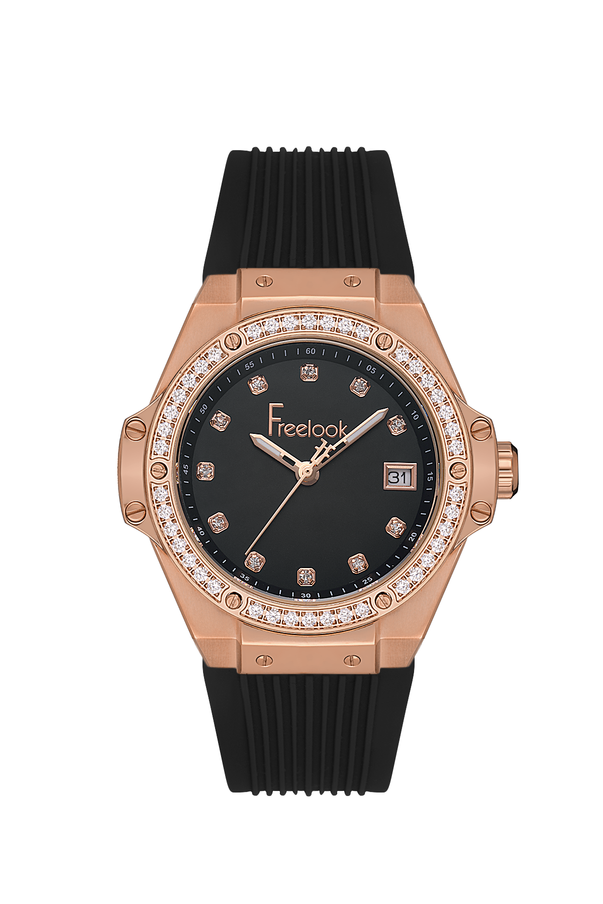 Freelook watch with rose gold case, black dial, and black rubber strap on white background
