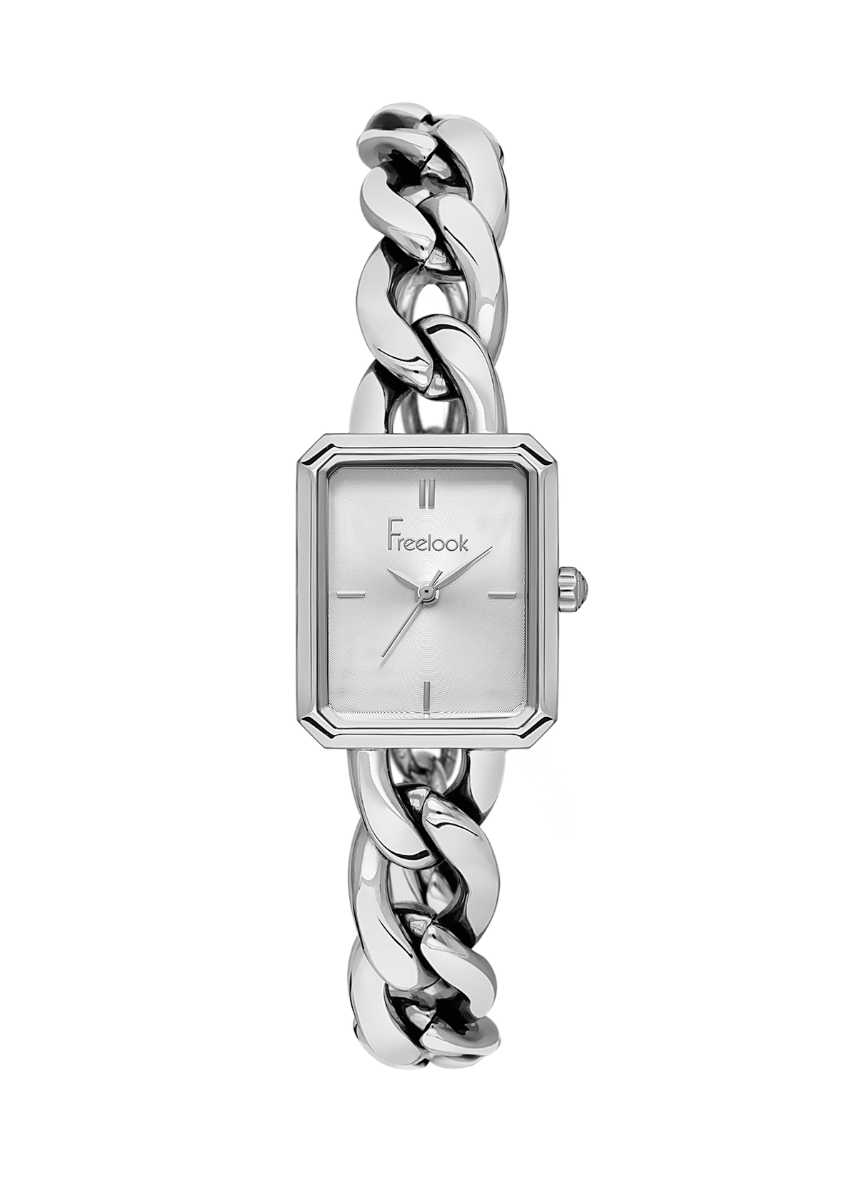 A women's wristwatch with a silver-toned metal chain bracelet and a square silver case, featuring a white dial with slim silver hour markers and hands. The brand name 'Freelook' is printed on the dial.