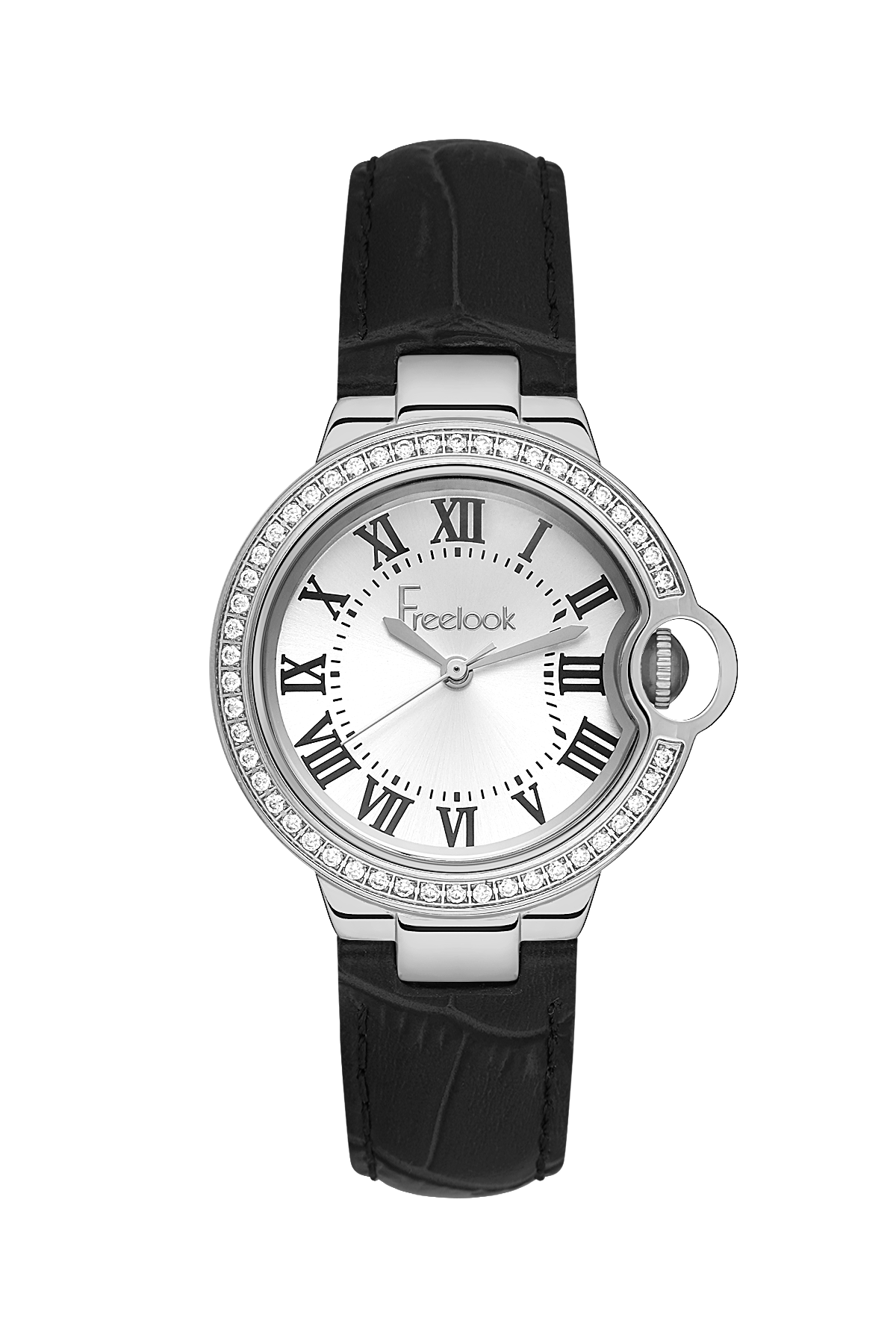 Freelook watch with black strap and silver case on a white background