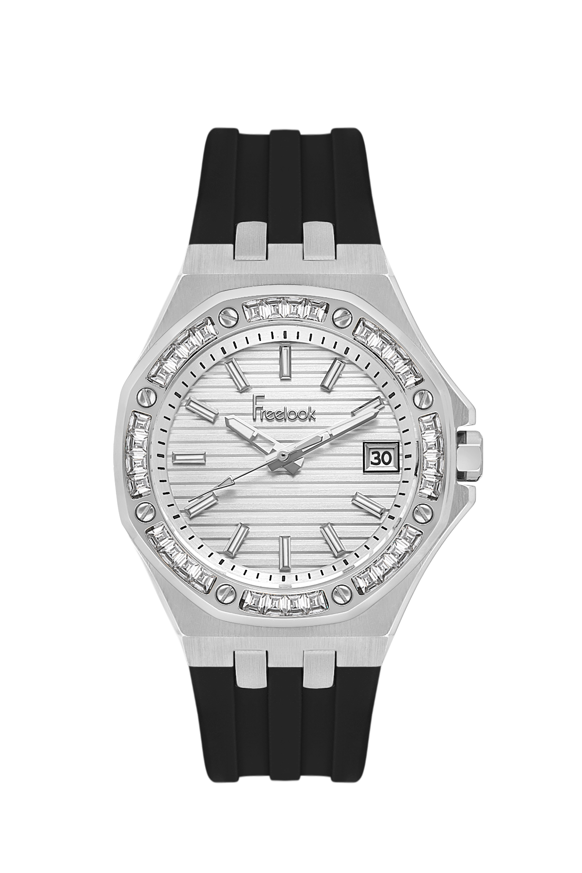 Wristwatch with black strap and silver case on a white background