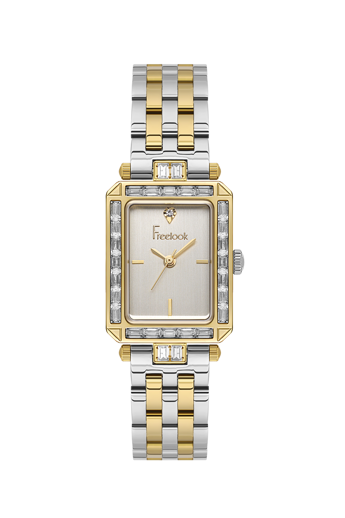 Two-tone watch with a silver and gold band on a white background
