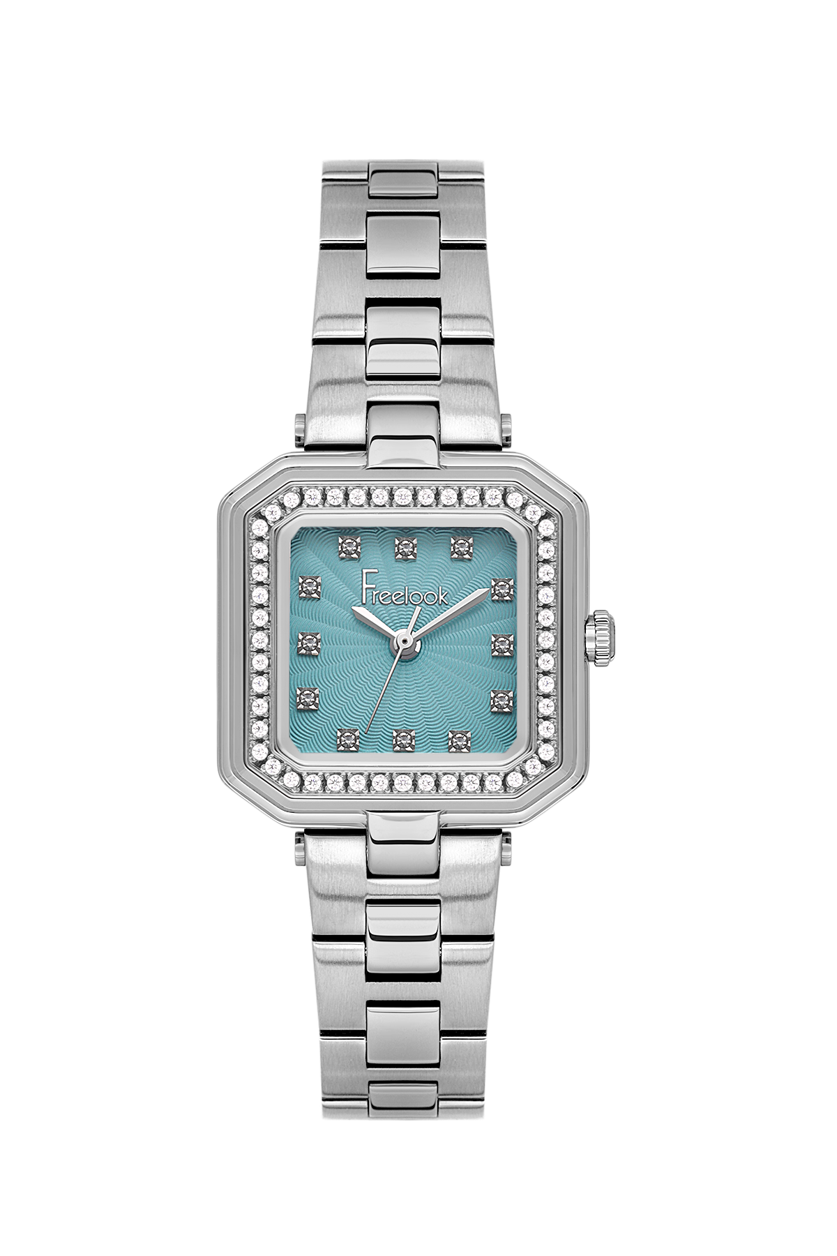 Silver watch with a blue face on a white background
