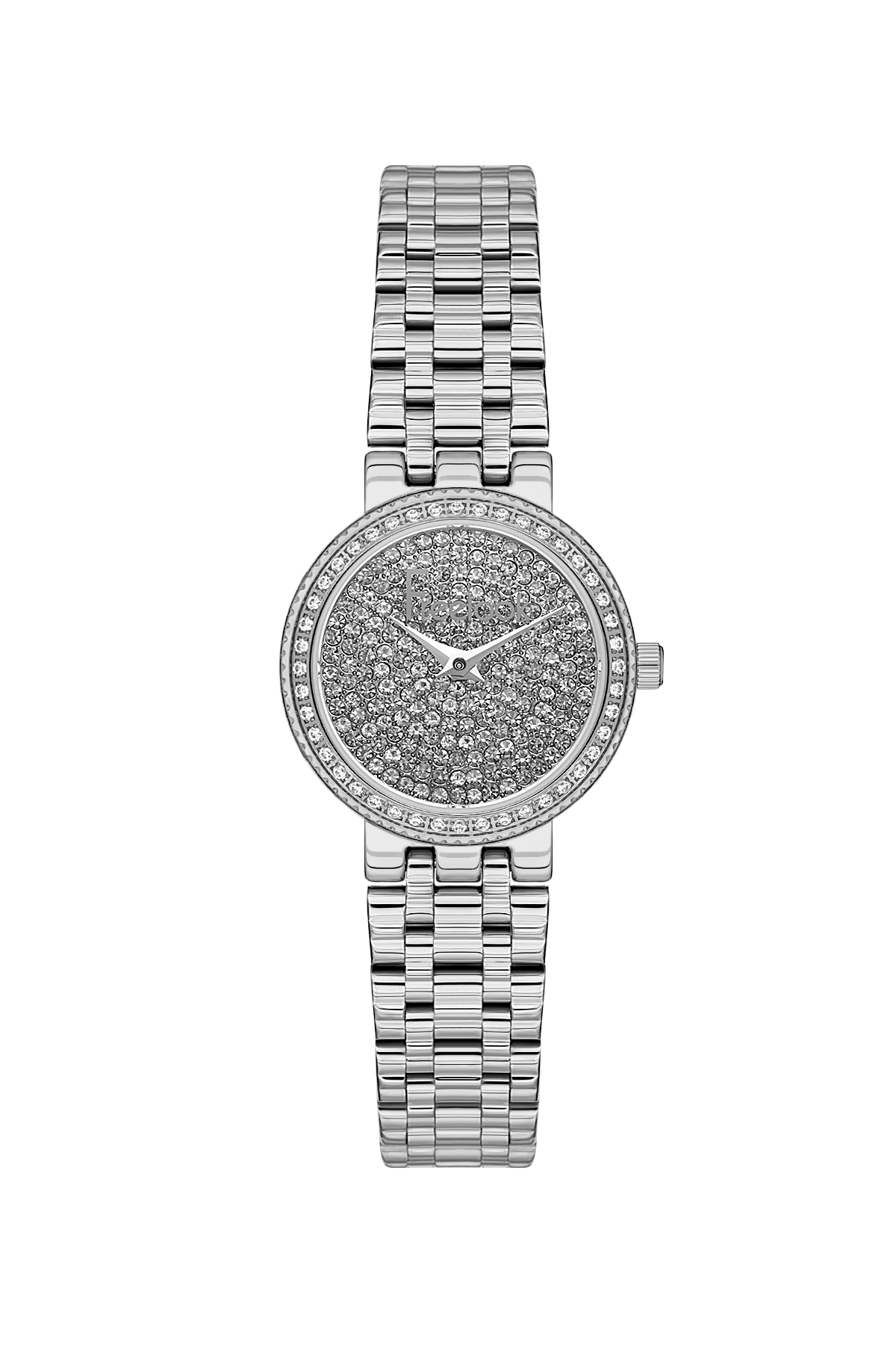 Silver watch with a detailed face on a white background