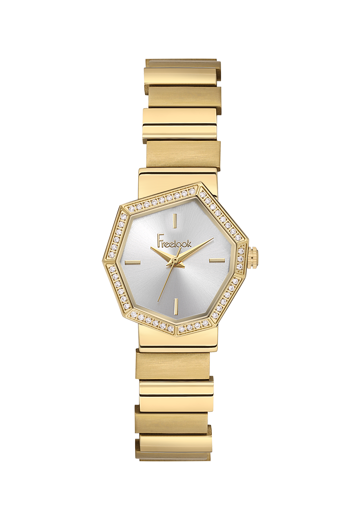 Gold watch with a hexagonal face on a white background