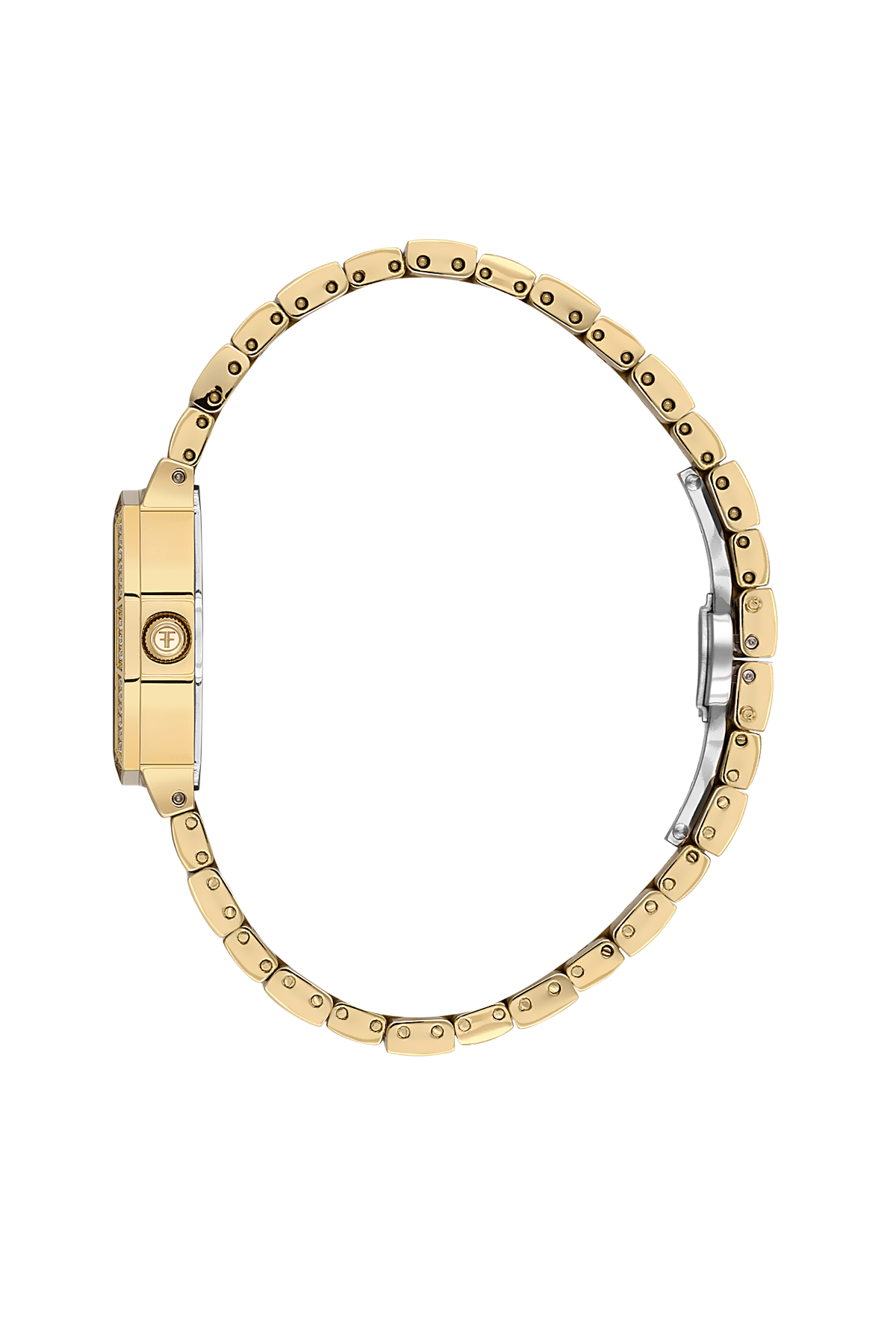 Gold bracelet with studded design on a white background