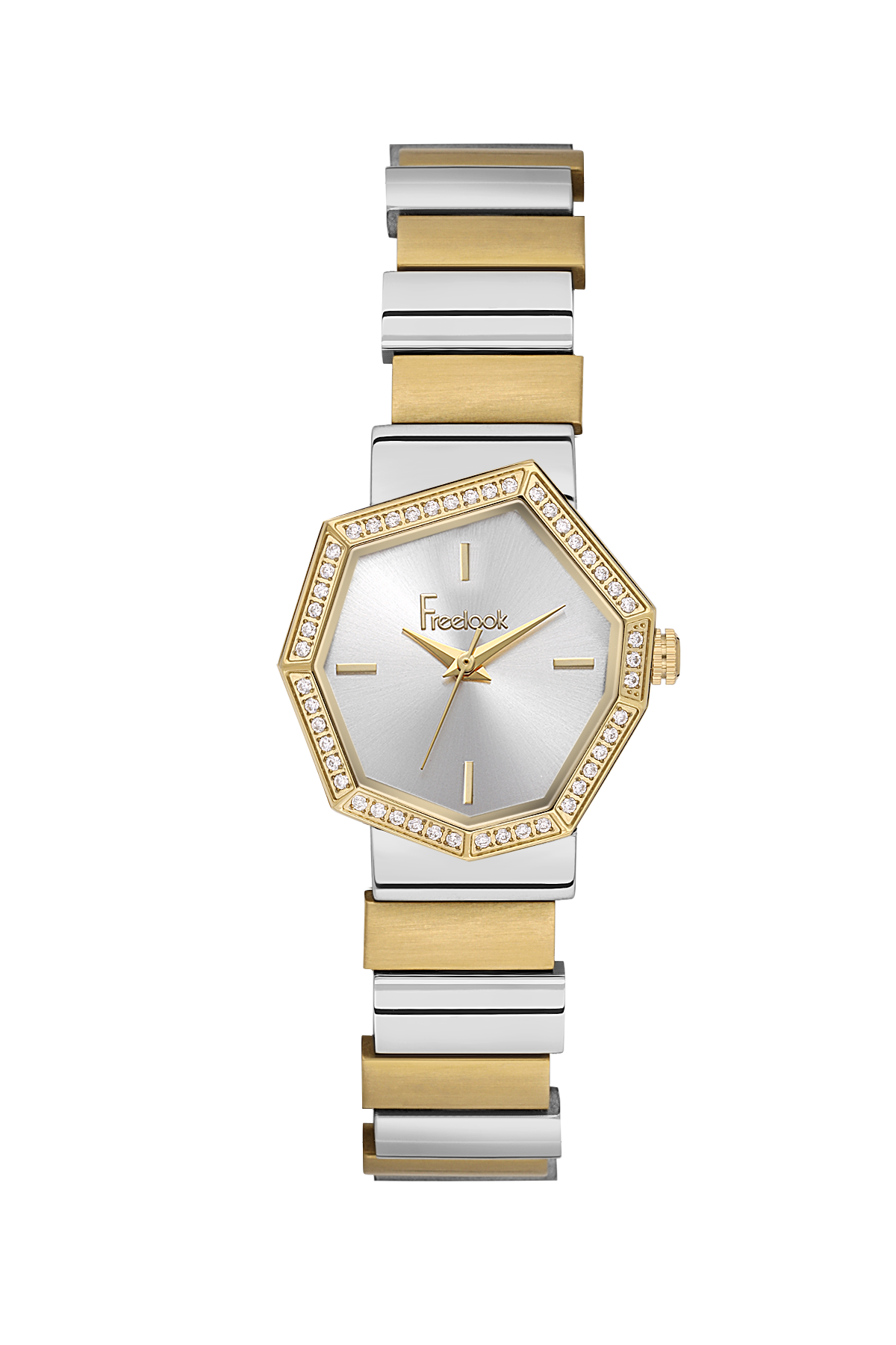 Two-tone watch with gold and silver band on a white background