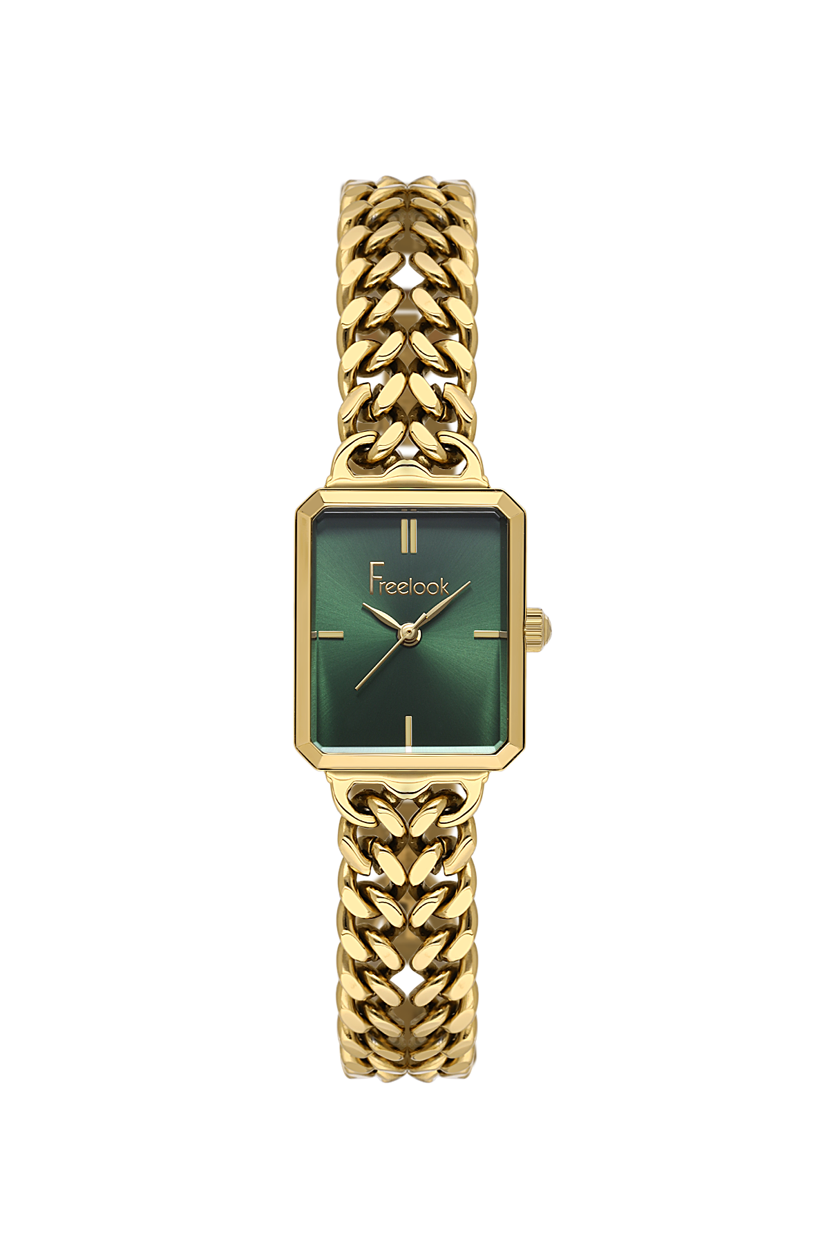 Gold watch with green face on a white background