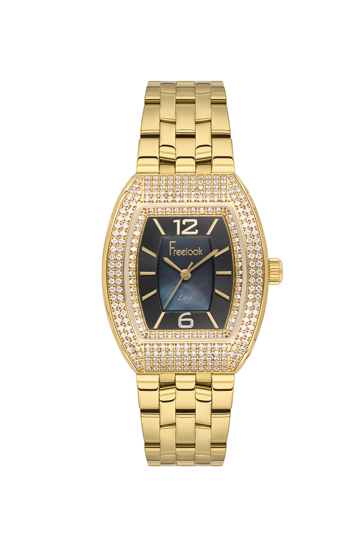 Gold wristwatch with diamond-studded bezel on a white background