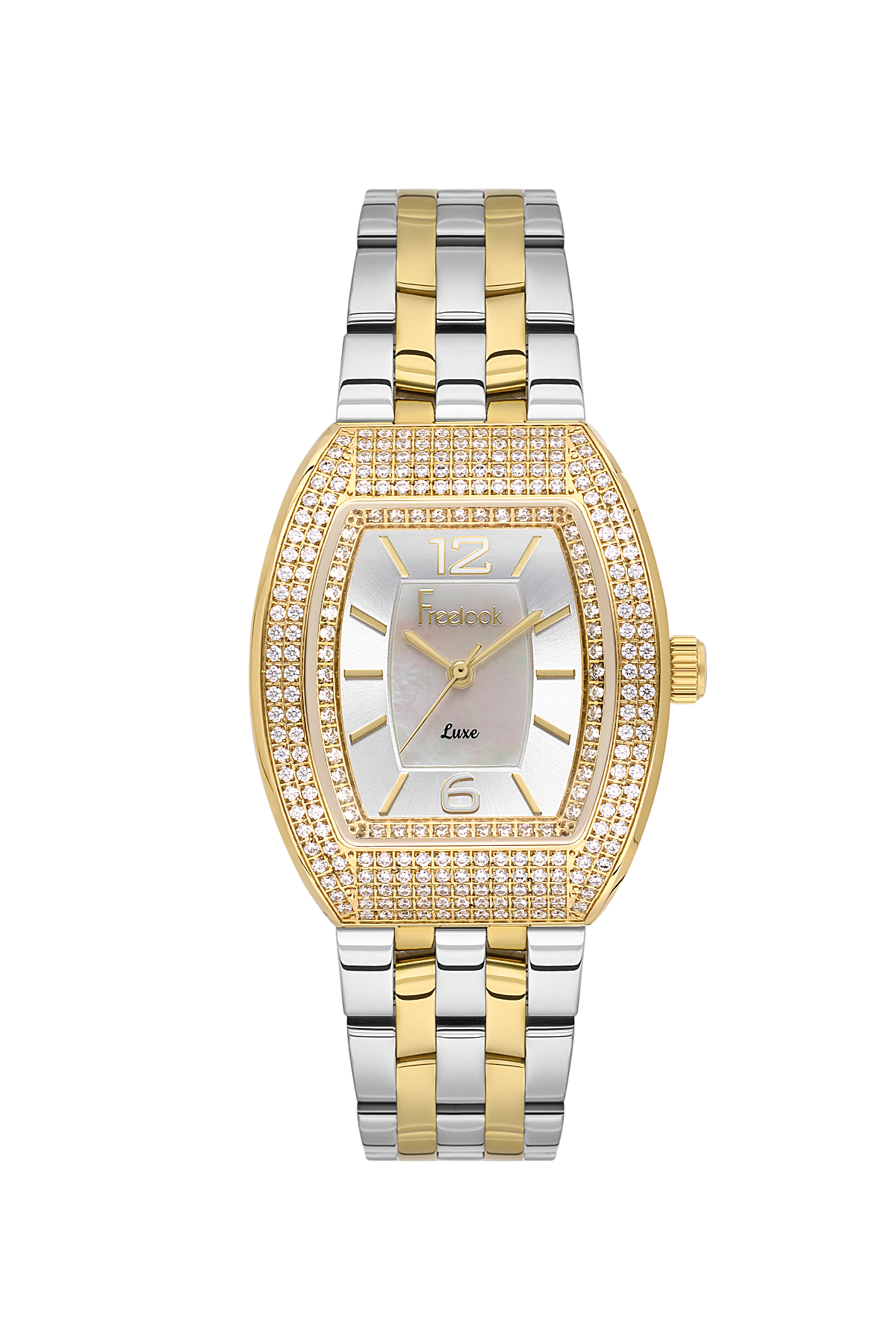 Two-tone watch with a decorative face on a white background