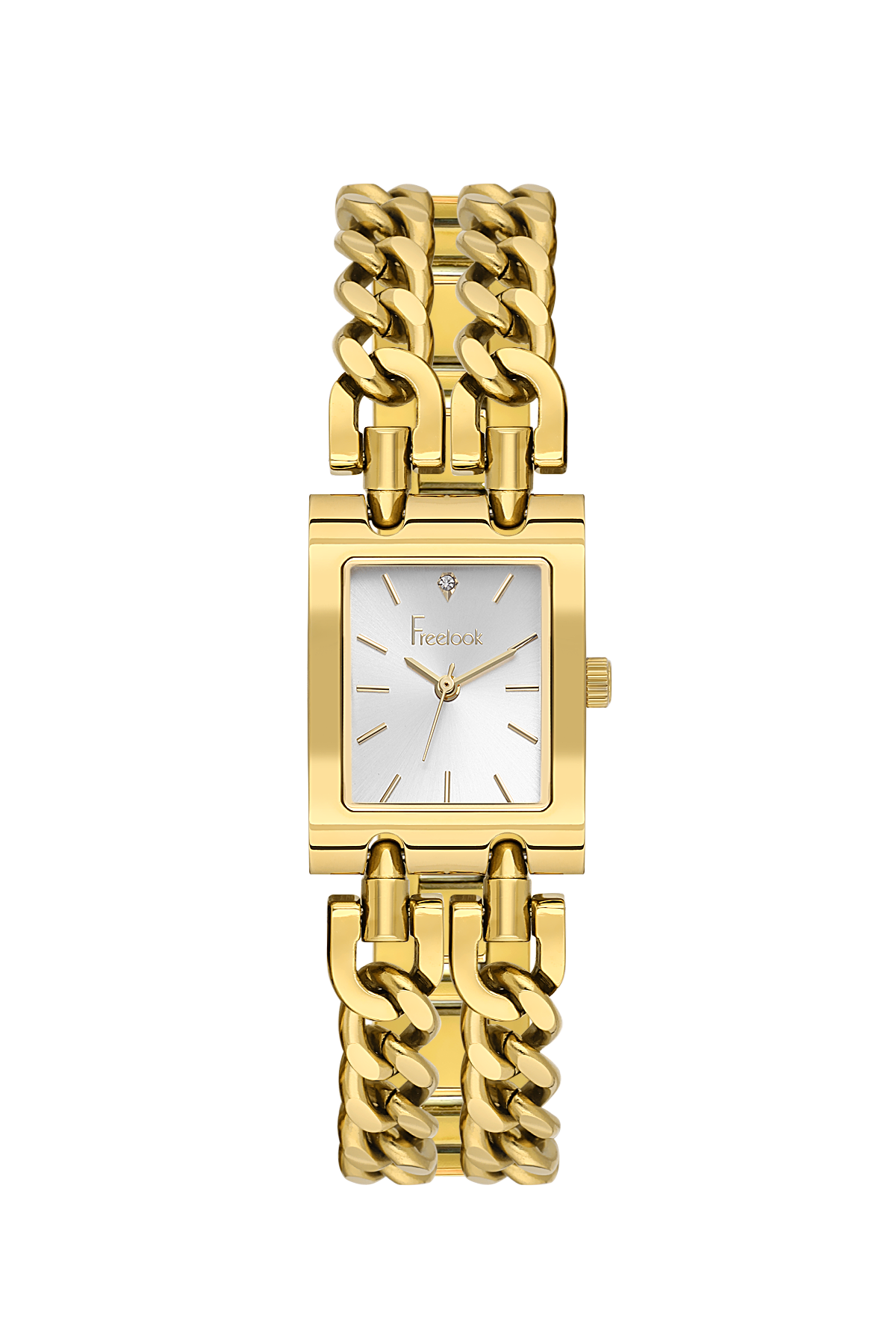 A gold-tone women's analog watch with a rectangular case, white dial, and a double-strand curb-link bracelet, shown on a plain white background.