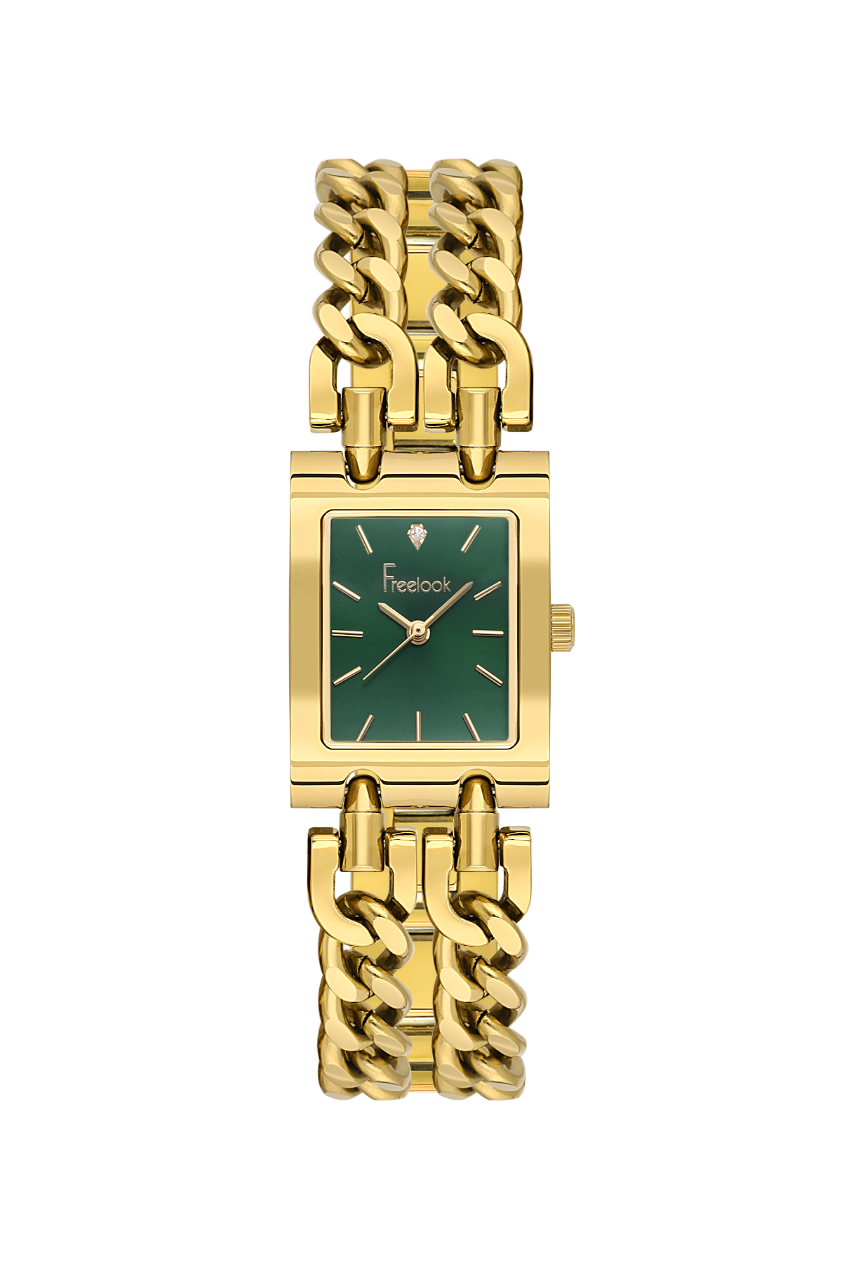 A women's gold-tone watch with a rectangular case, gold chain-link bracelet, and a dark green dial featuring the 'Fiebo' brand name.