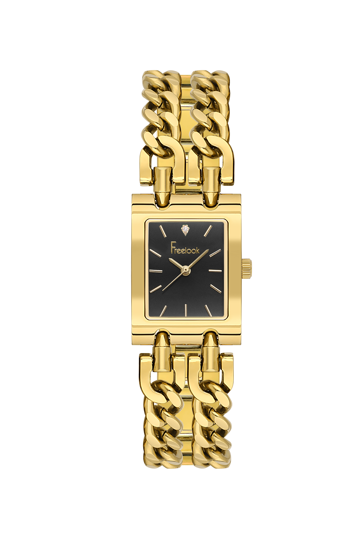 A gold-tone women's watch with a rectangular black dial and a chunky chain-link bracelet, shown on a plain white background.