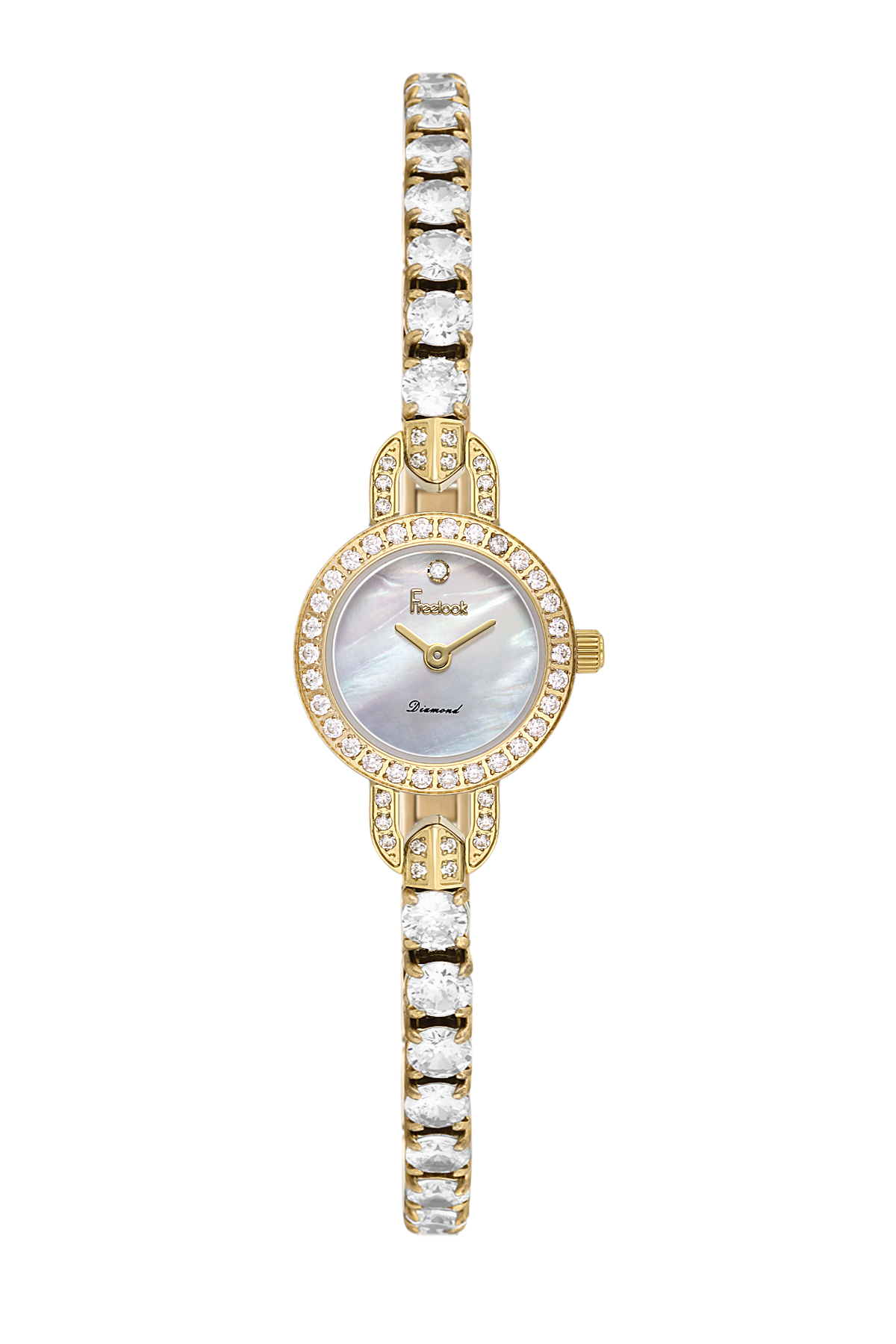 Gold watch with diamond-studded band on a white background