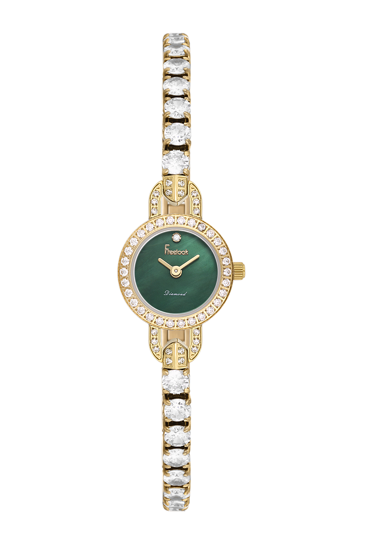 Gold watch with green face and diamond-studded band on white background