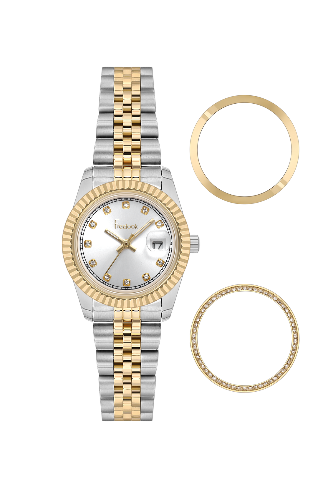 Two-tone watch with gold and silver bracelet and matching ring on a white background
