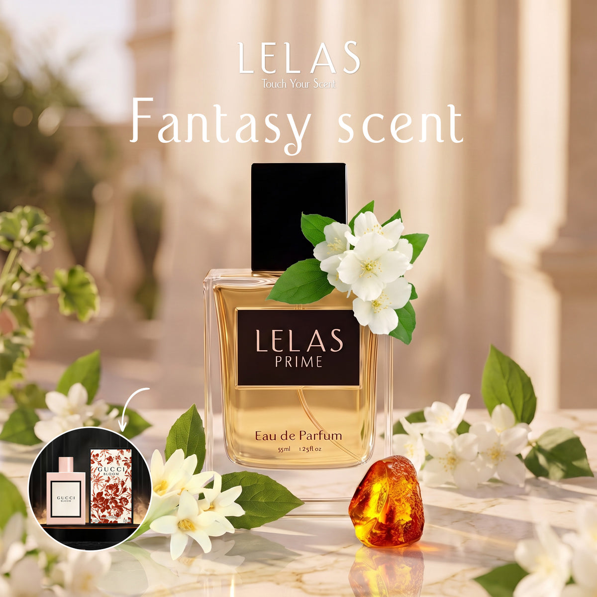 A bottle of LELAS PRIME Eau de Parfum with a black cap and a gold-toned glass body, decorated with white flowers and green leaves. The bottle is set on a marble surface with white flowers and a translucent amber stone, against a warm beige architectural background.