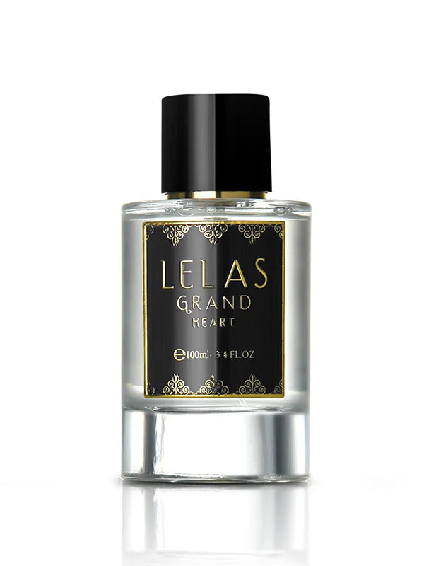 Perfume bottle labeled 'LELAS Grand Heart' on a white background