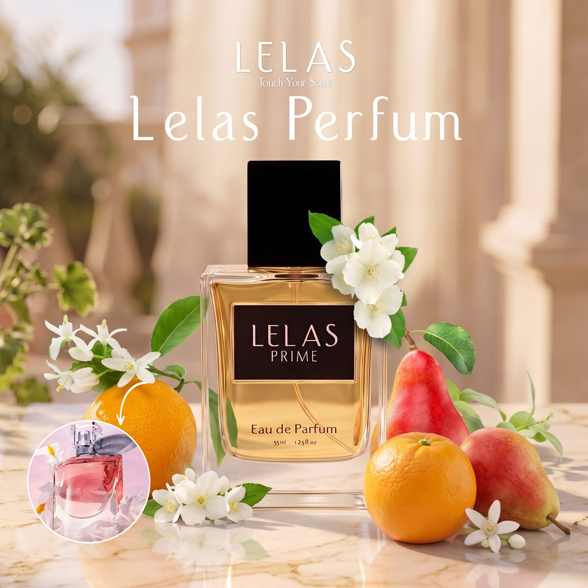 A bottle of LELAS PRIME Eau de Parfum is displayed on a marble surface with fresh oranges, pears, white blossoms, and green leaves. The background is a soft-focus beige architectural setting.