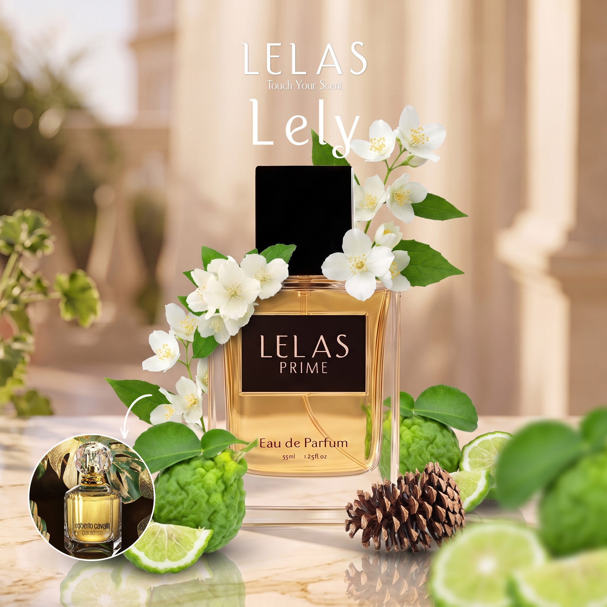 A bottle of LELAS PRIME Eau de Parfum with a black cap and gold-toned liquid, styled with white blossoms, green leaves, limes, and a pine cone on a marble surface. A small circular inset shows the perfume bottle from a different angle.