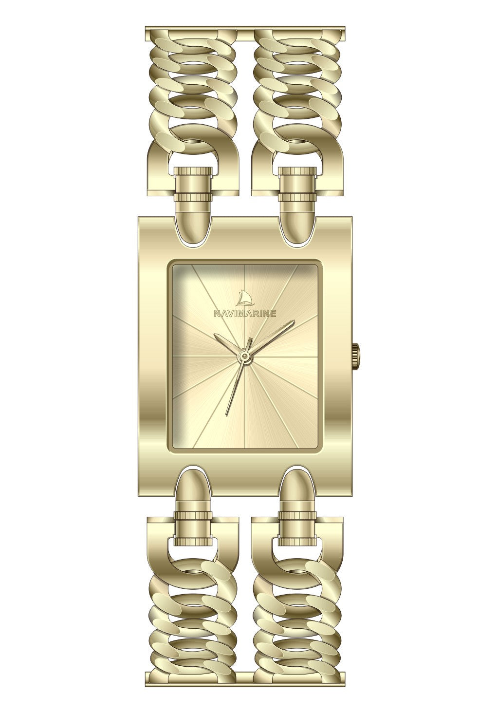 Gold watch with a decorative band on a white background