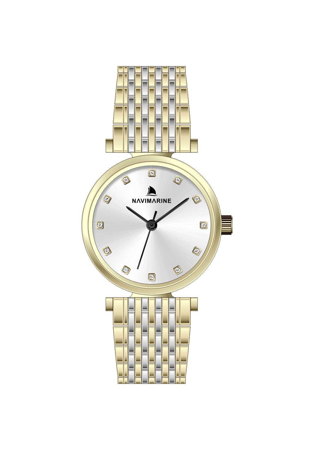Gold and silver watch with a white face on a white background