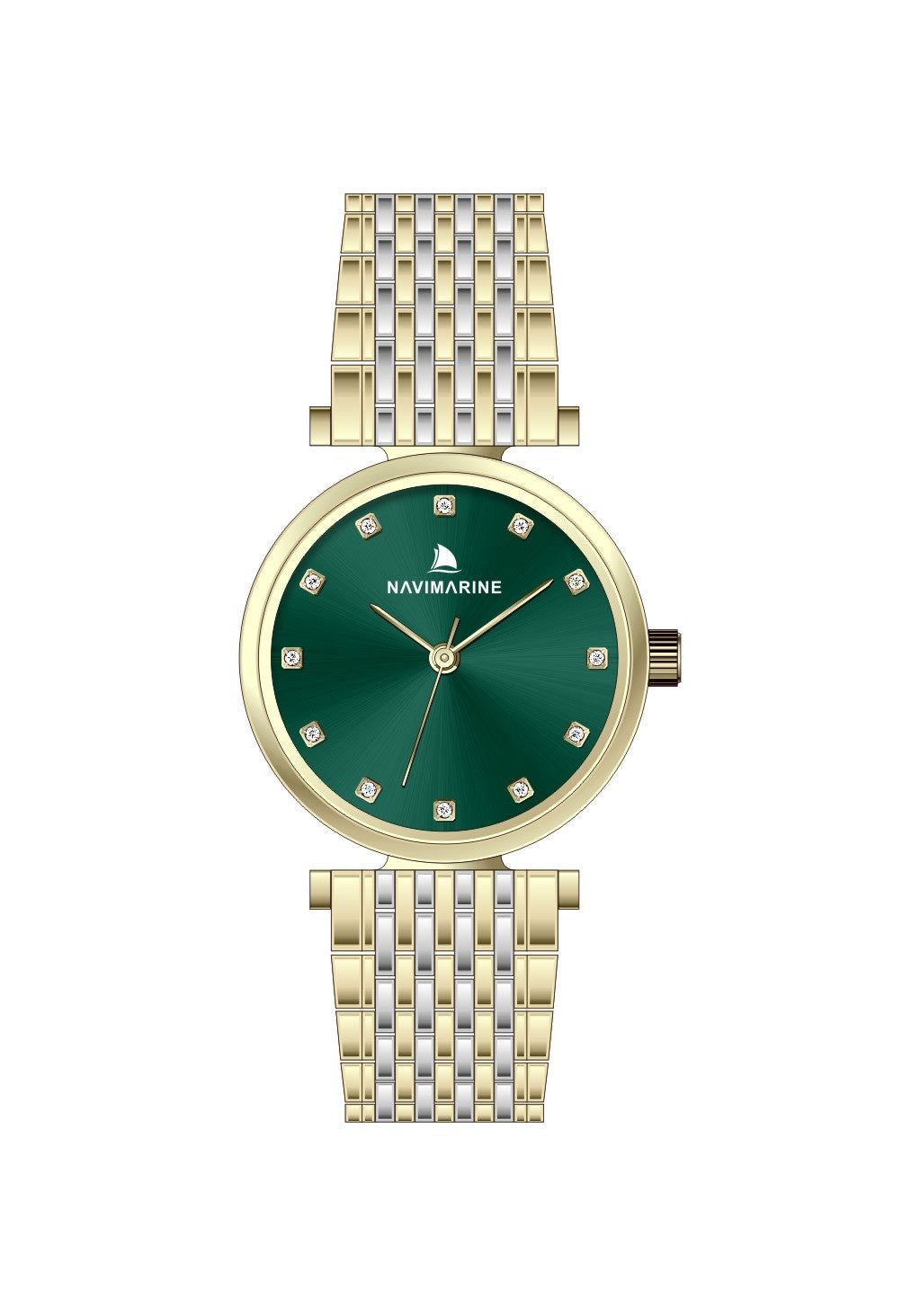 Gold and silver watch with green face on a white background