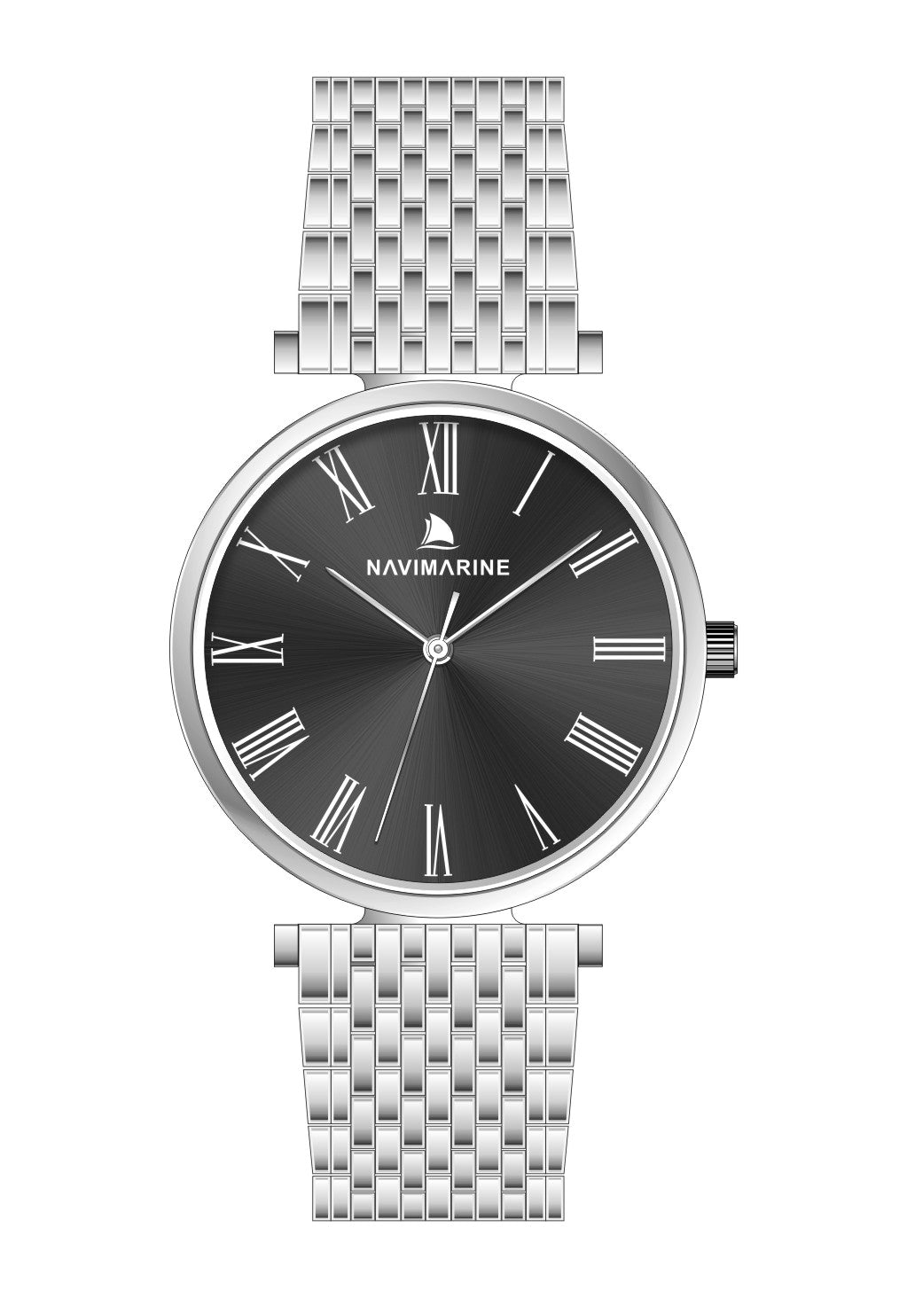 Silver watch with black dial on a white background