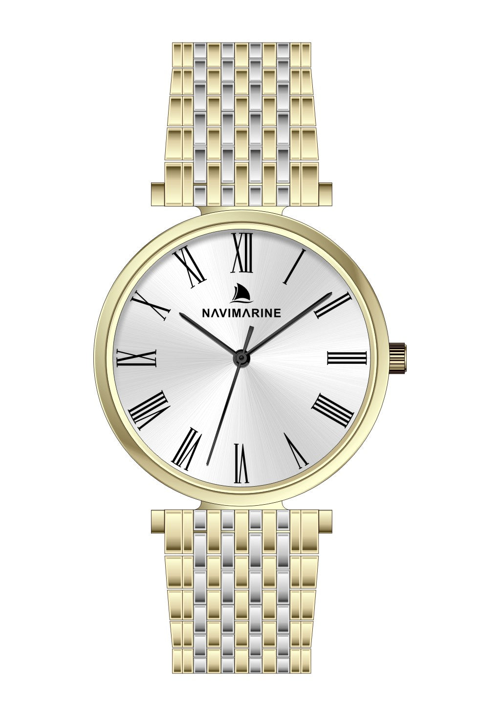 Gold and silver watch with white face on a white background