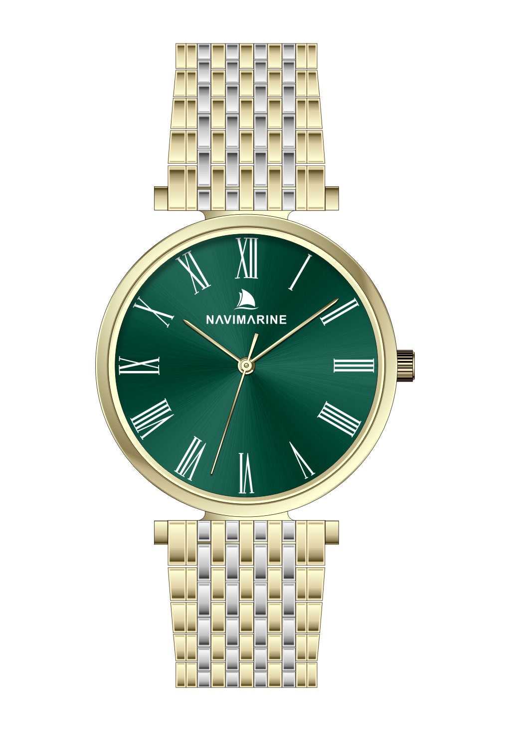 Gold and silver watch with green face on a white background