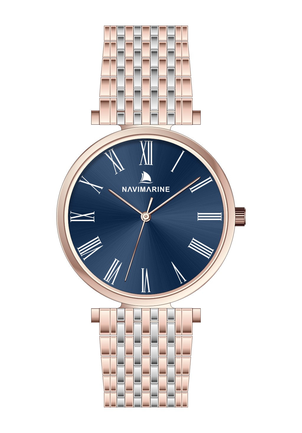 Navimarine watch with blue dial and rose gold metal band on white background