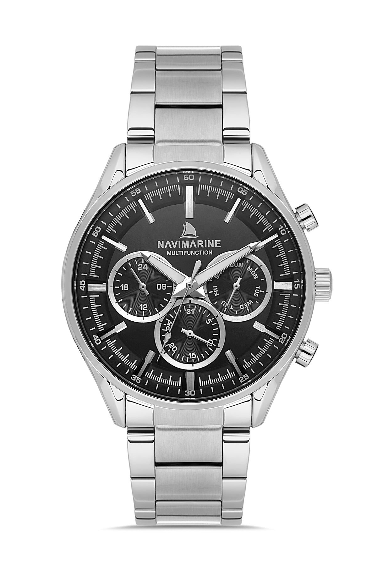 Silver wristwatch with black dial on a white background