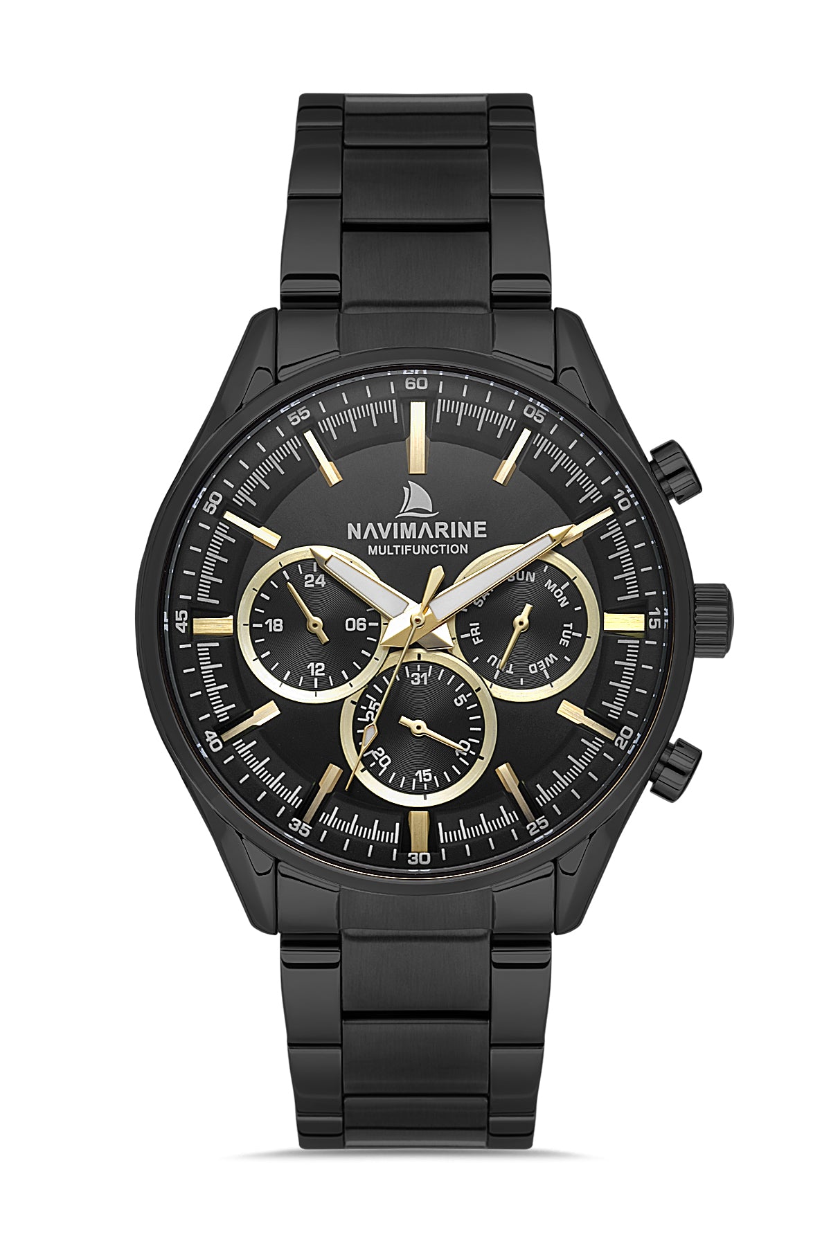 Black and gold Navimagine watch on a white background