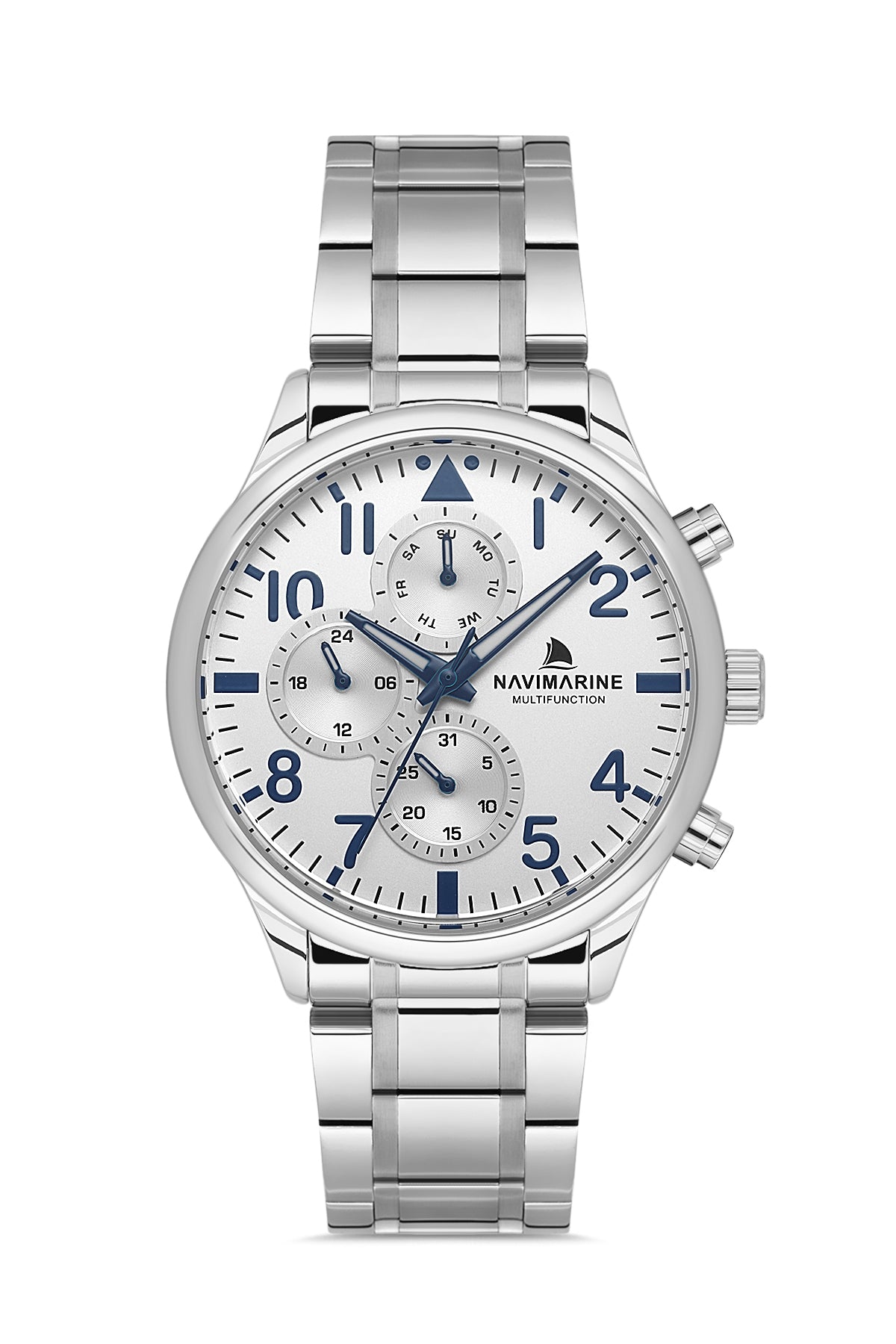 Silver wristwatch with a white face displaying brand name on a white background