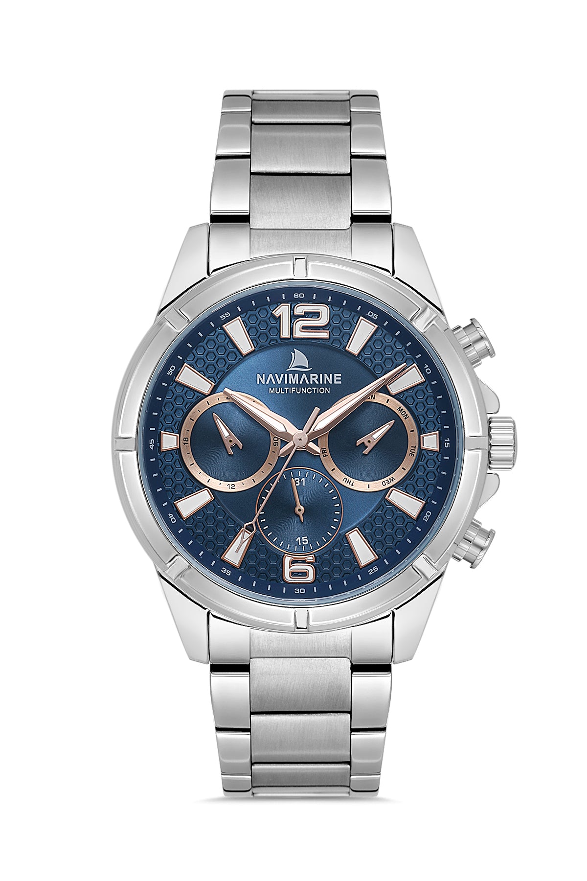 Silver watch with blue dial on a white background