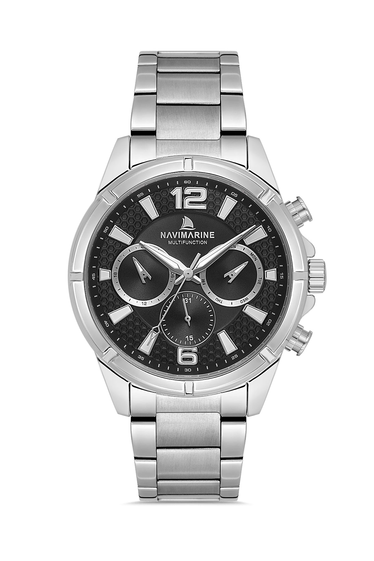 Silver wristwatch with black dial on a white background